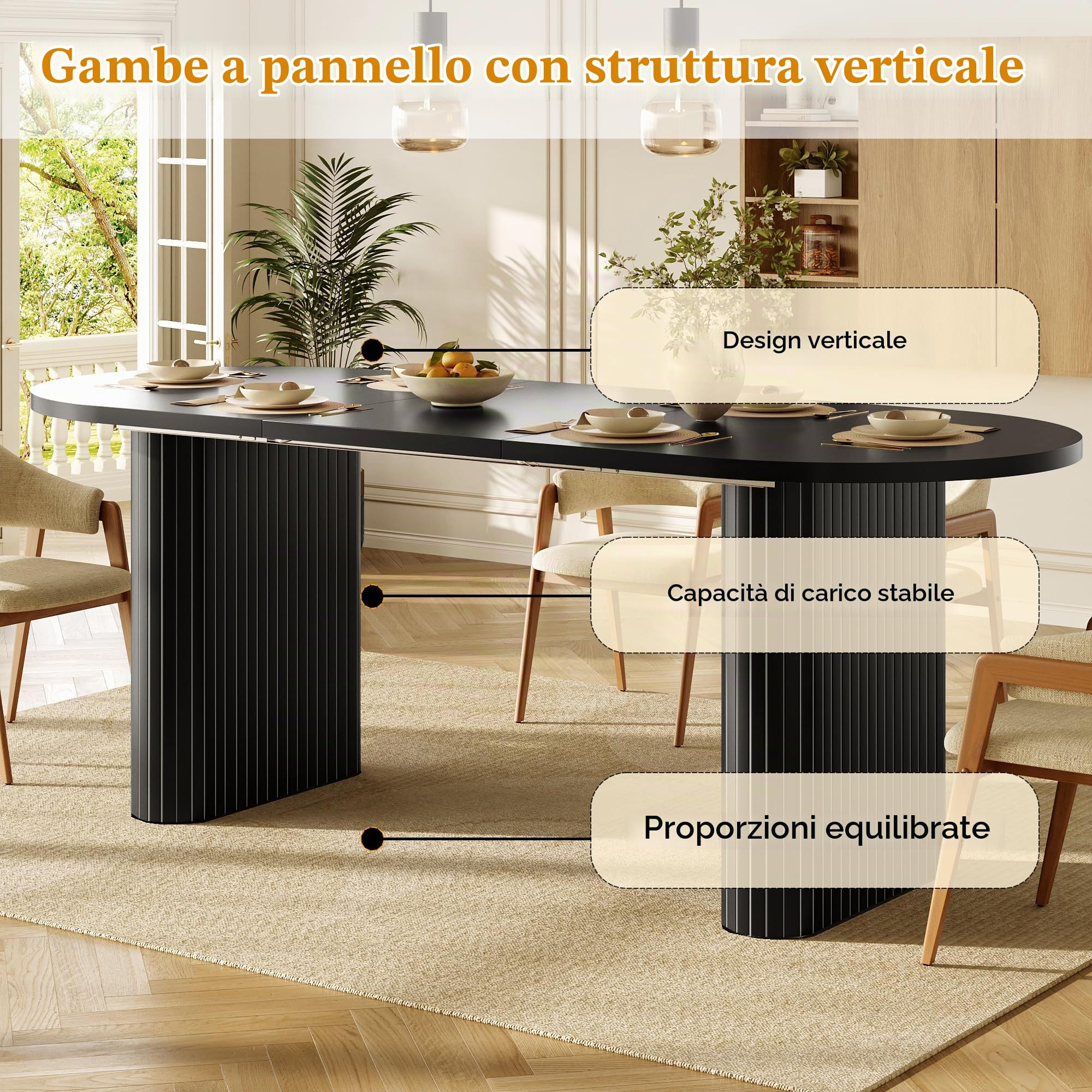 Kebnor Tavolo da pranzo allungabile 120-160 cm, tavolo ovale in legno con struttura verticale, portata massima 60 kg(Nero)