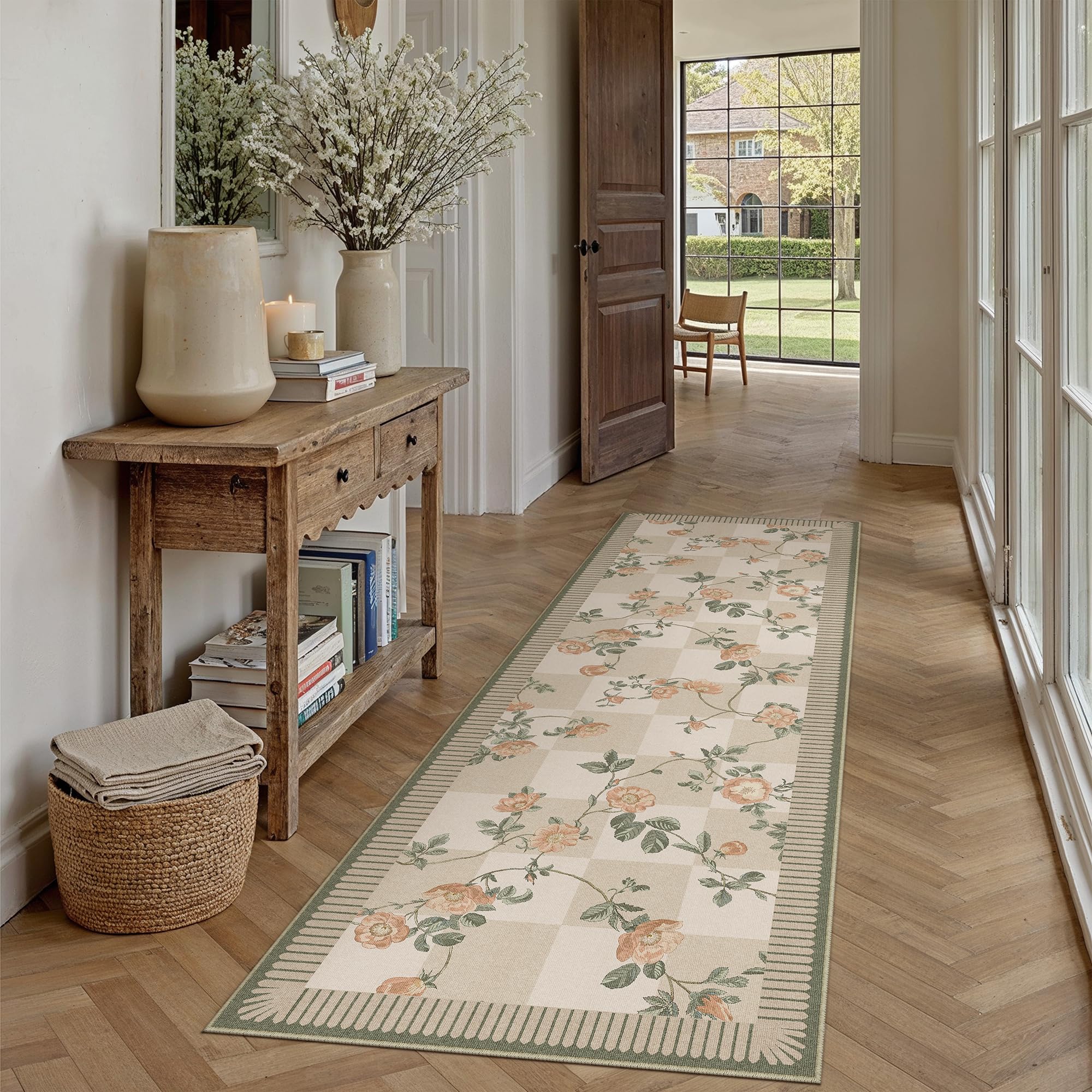 PureCozy LäUfer Flur Teppich 60x180cm Waschbar Blumenmuster Bettvorleger Blumen Kariert Modern Küchenteppich Wohnzimmer Schlafzimmer Teppiche rutschfest Kurzflor Weich Teppichläufer, Beige&Grün