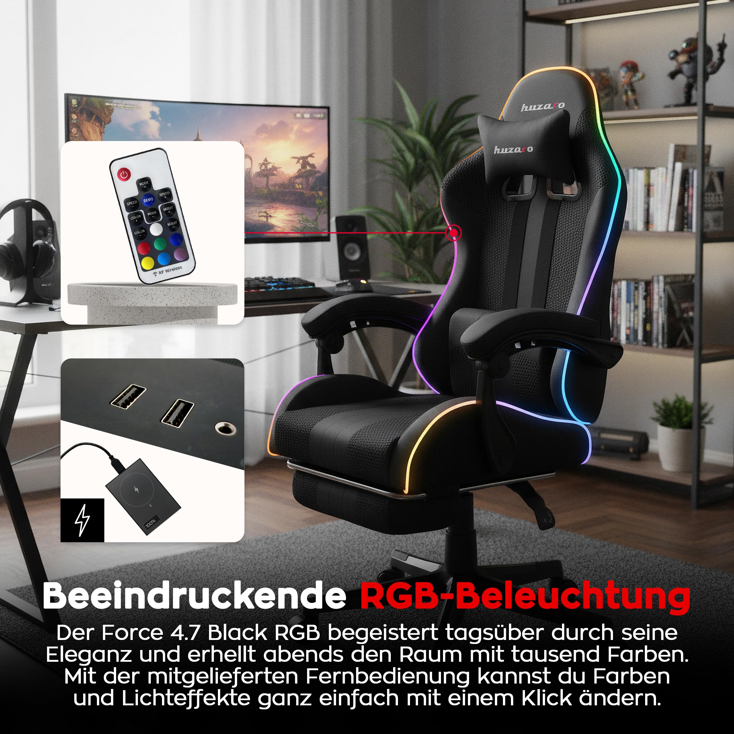 huzaro Force 4.7 RGB Gaming Stuhl - Ergonomischer Bürostuhl & PC Stuhl | Schreibtischstuhl für Gamer - Bis 150 kg belastbar - Mit ausziehbarer Fußstütze & Lendenkissen - Stoff Mesh - Schwarz