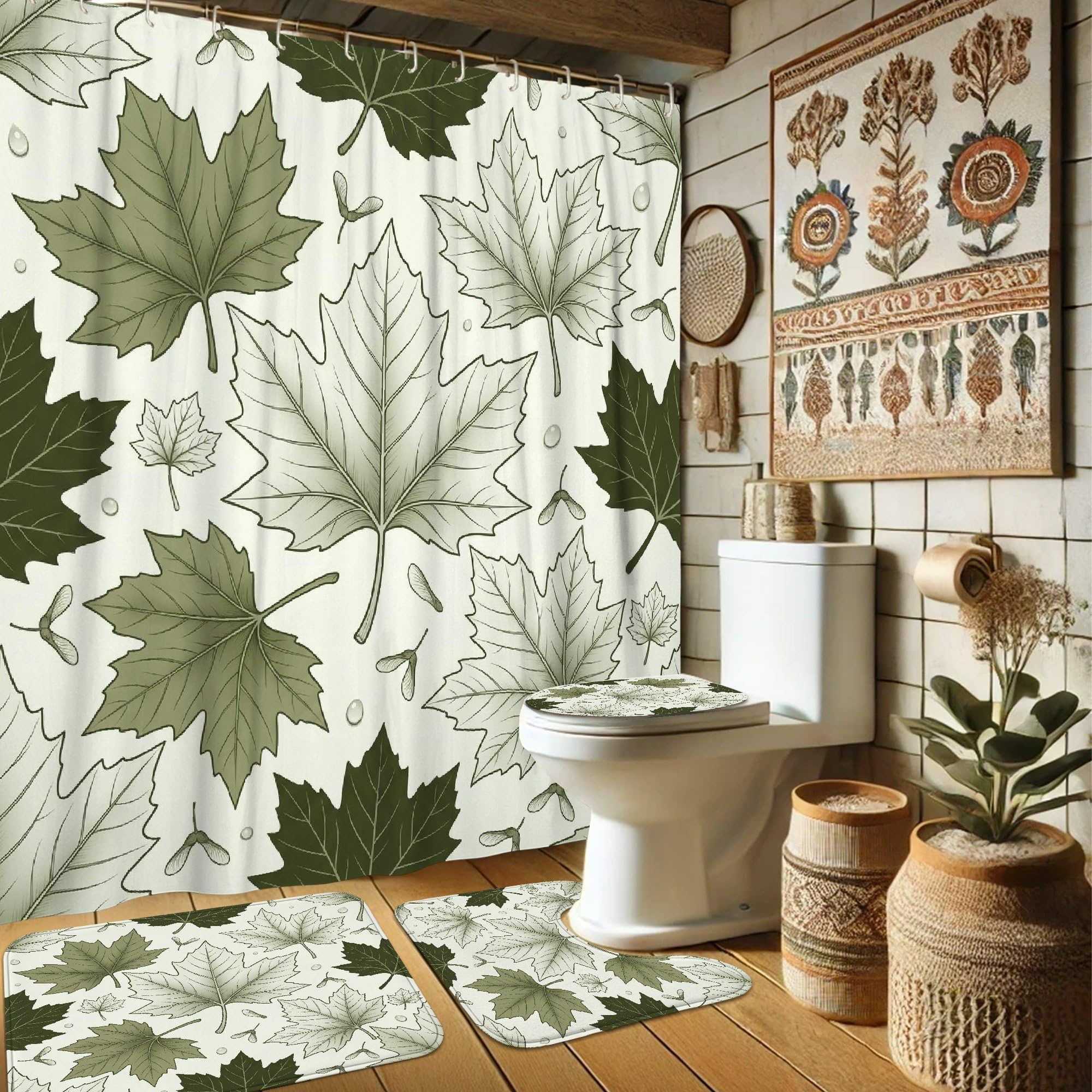 Rideau de douche feuilles d'érable pour créer une ambiance spa naturelle dans votre salle de bain