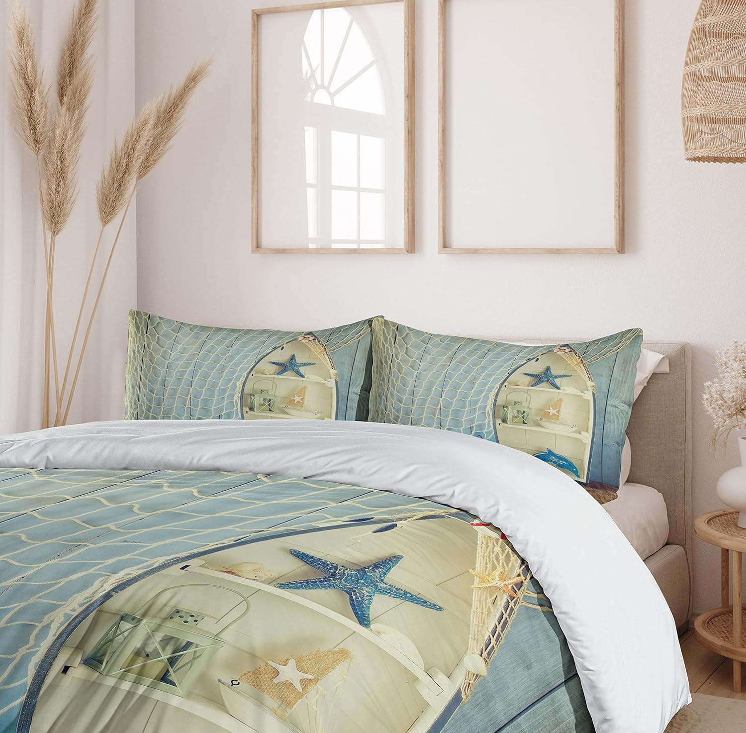 Ambesonne Nautical Duvet Cover Set, Nautical Boat Standing Against The Wall Other Aquatic Objects Sea Featured Picture, Decorative 2 Piece Bedding Set with 1 Pillow Sham, Twin Size, Blue Beige Twin Blue Beige