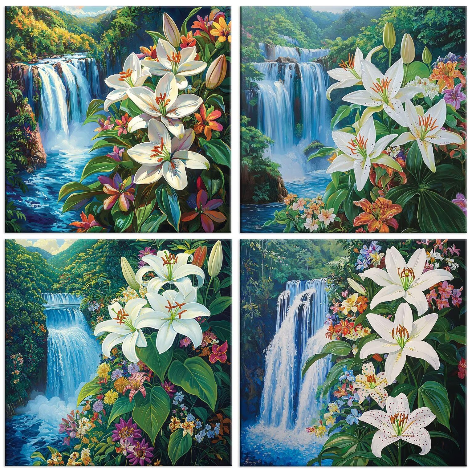 5D Diamond Painting Wasserfall Blumen, Diamant Malerei 50x50cm w-643 | 4 Pack Diamond Painings Erwachsene, 5D DIY Diamant Malerei Mosaikherstellung für Relaxation and as a Wall Deko Geschenk