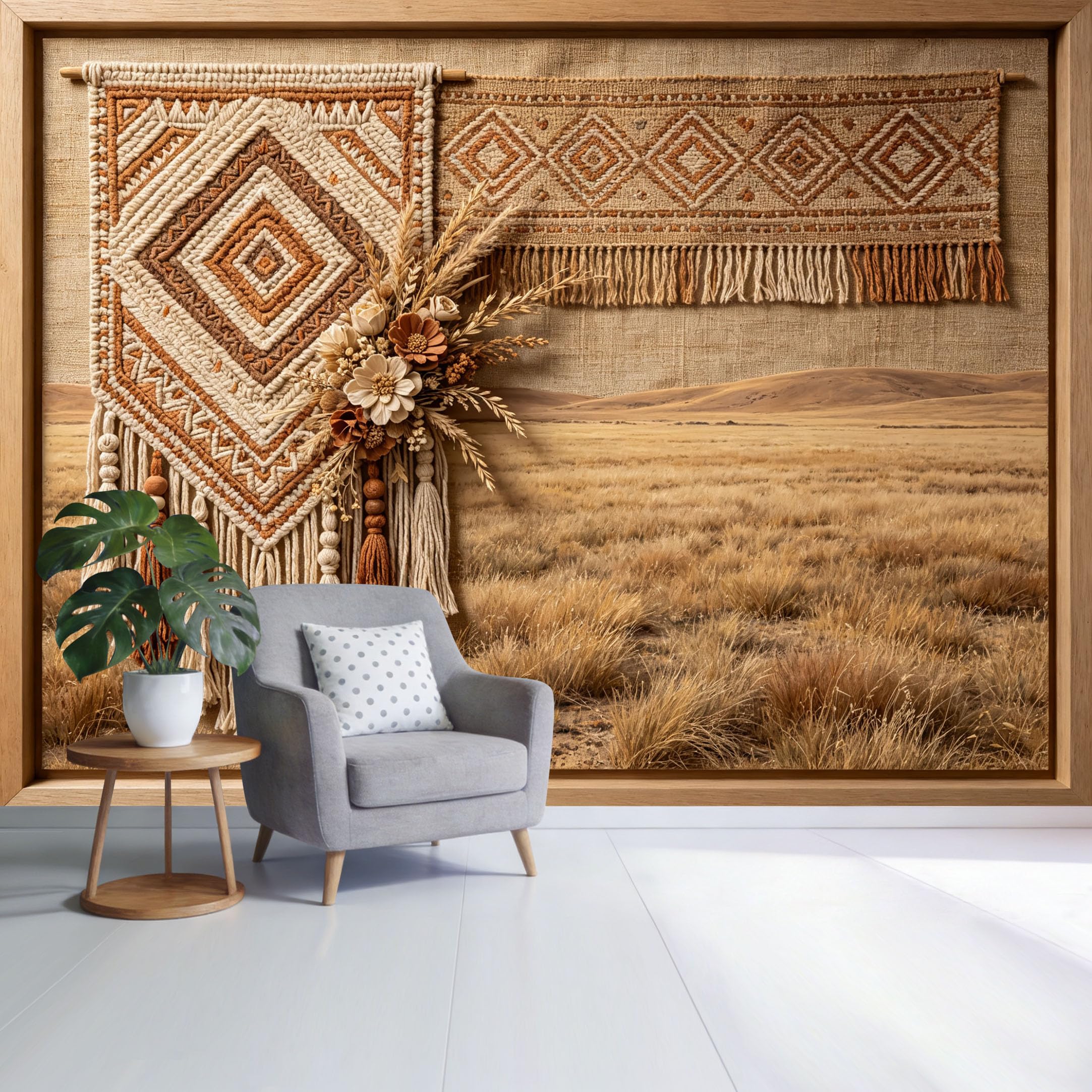 Custom Size Wall Mural Boho Woven Tapestry Pattern Dried Floral Desert Landscape Farmhouse Style SelfAdhesive Wall Fabric Removable Wallpaper for Home Office Decor