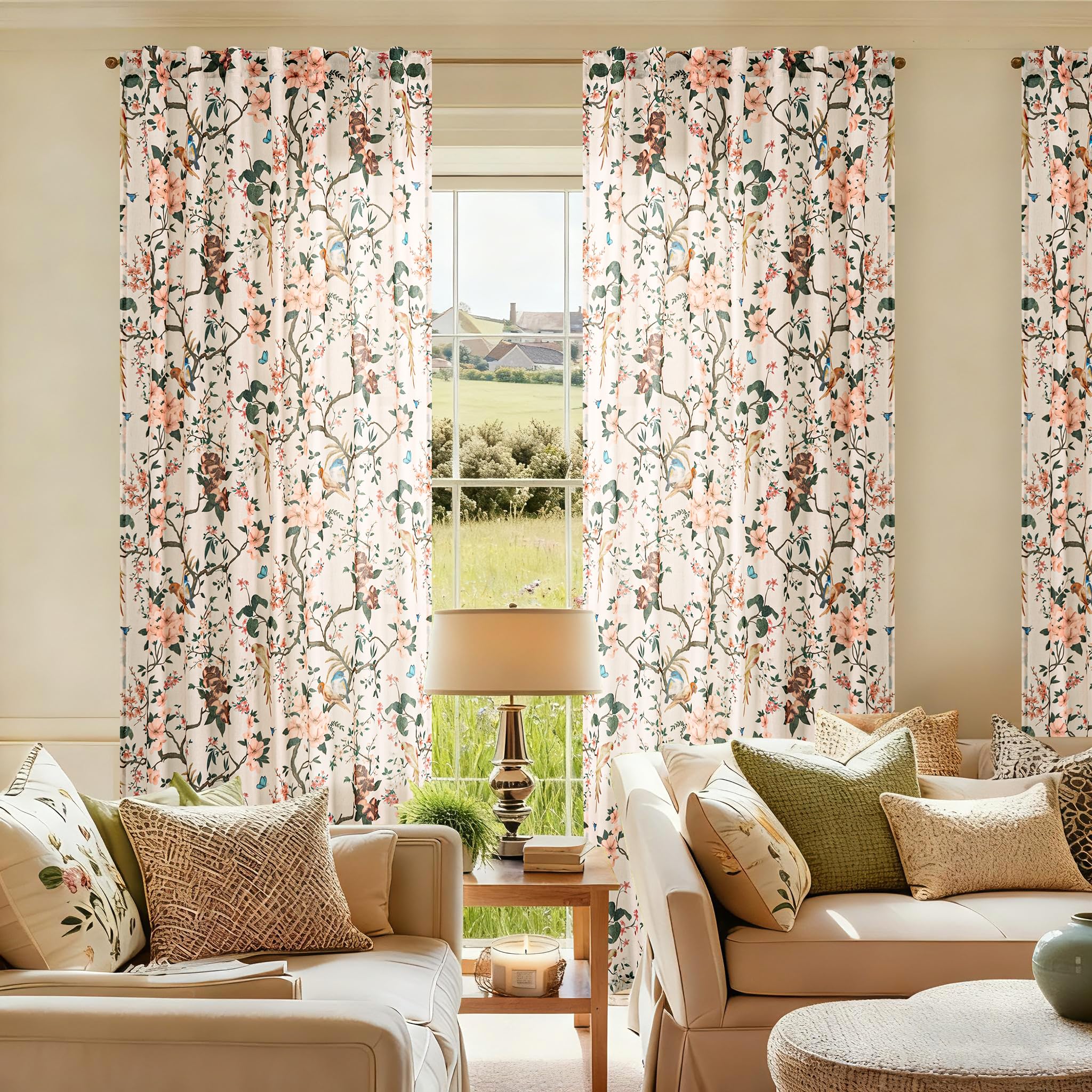 Tan Beige Linen Floral 102 Inch Curtains for Living Room Boho 2 Panels | Back Tab,Rod Pocket,Leaf Patterned,Botanical Window Drapes,Country Cottage,Light Filtering,Semi Sheer,for Dining Room