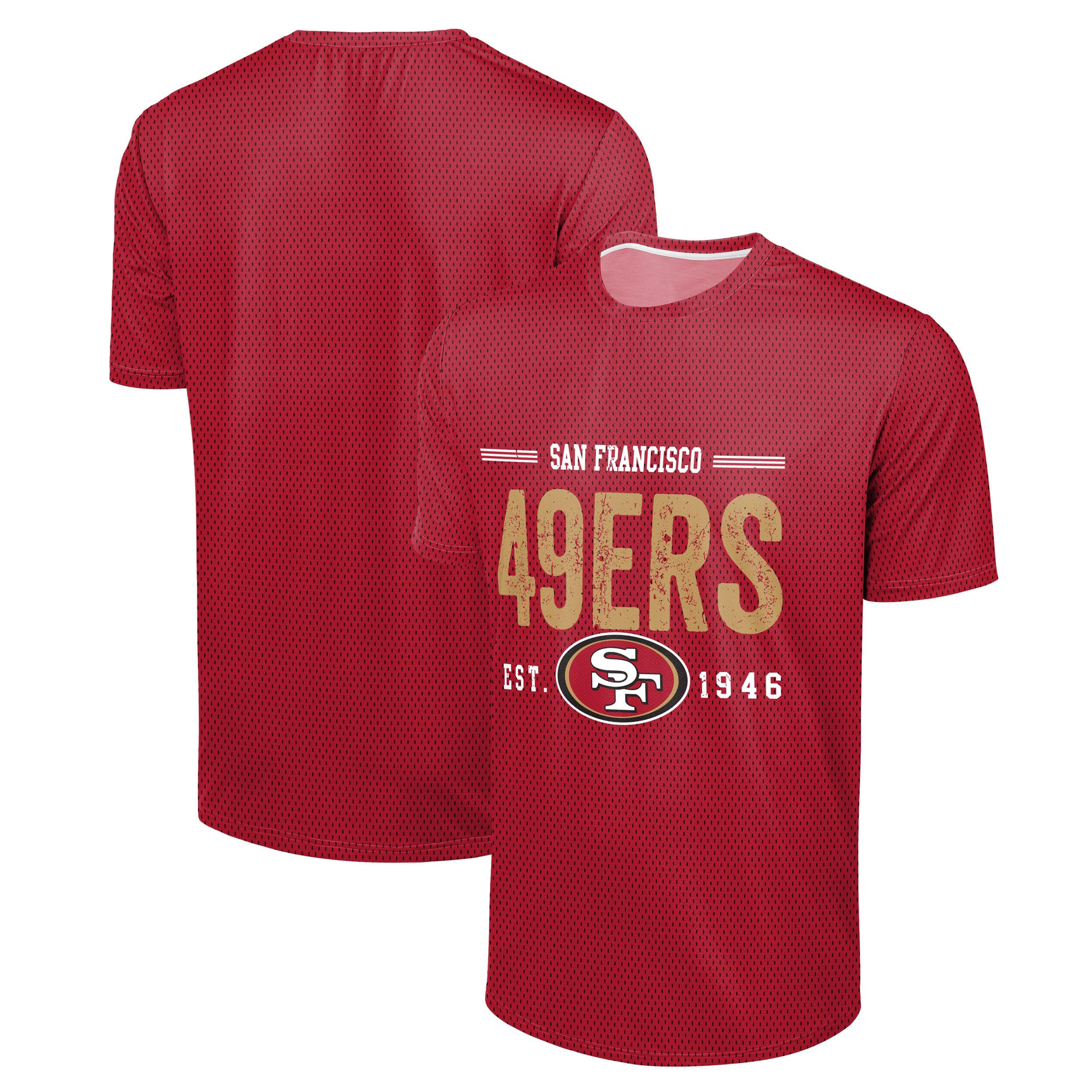 FOCO NFL Men's Officially Licensed Football Team Logo Wordmark Distressed Performance Team Color Crewneck T-Shirt, San Francisco 49ers - Red, Large
