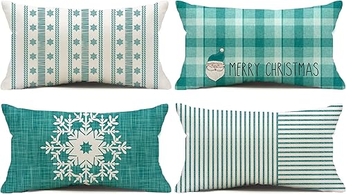 Juego de 4 fundas de almohada de 12 x 20 pulgadas, diseño de copos de nieve, búfalo, Papá Noel, Feliz Navidad, invierno, vacaciones, decoración de Juego de 4 fundas de almohada de 12 x 20 pulgadas, diseño de copos de nieve, búfalo, Papá Noel, Feliz Navidad, invierno, vacaciones, decoración de