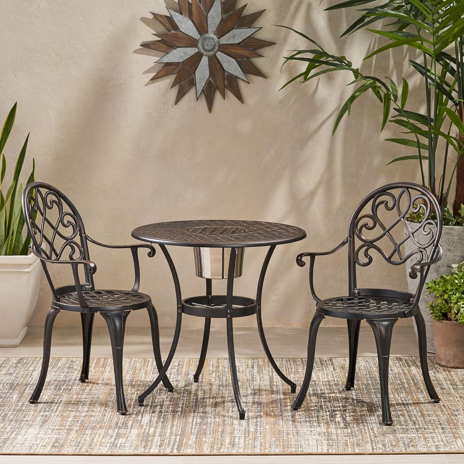 Christopher Knight Home Angeles Outdoor Cast Aluminum Bistro Furniture Set with Ice Bucket, 3-Pcs Set, Copper : Patio, Lawn & Garden