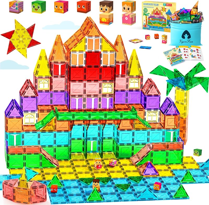 Magnetic Tiles Building Toys Set with 8 Magnetic Blocks for Kids | STEM Construction Kit, Educational Sensory Magnetic Toys Gifts for Ages 3-5 4-8 Toddler Boys Girls Learning Classroom