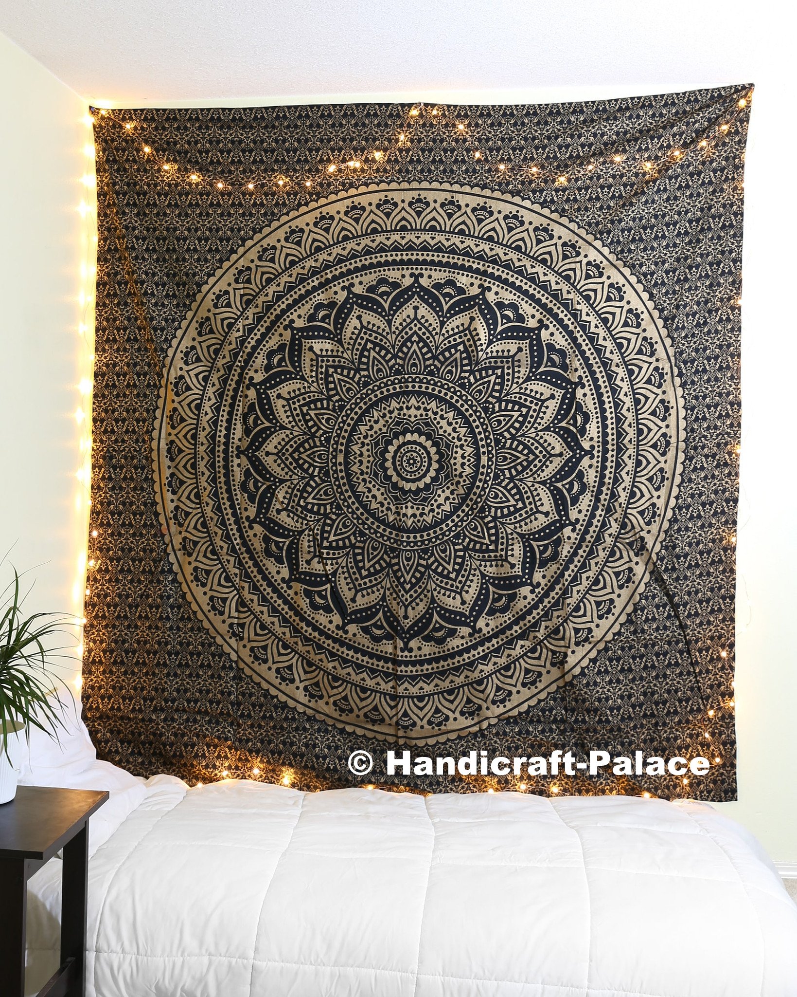 Handicraft-Palace Black Gold Ombre Mandala Printed Tapestry Home Dorm Decot Beach Throw Cotton Single Wall Decoration Wall Hanging Bed Cover Bed Throw