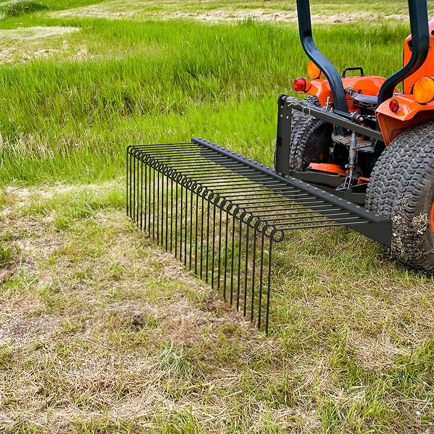 YINTATECH 72in 3 Point Tractor Rake, Pine Straw Needle Rake Tow Behind, Landscape Rake Attachment for Cat 1, Black