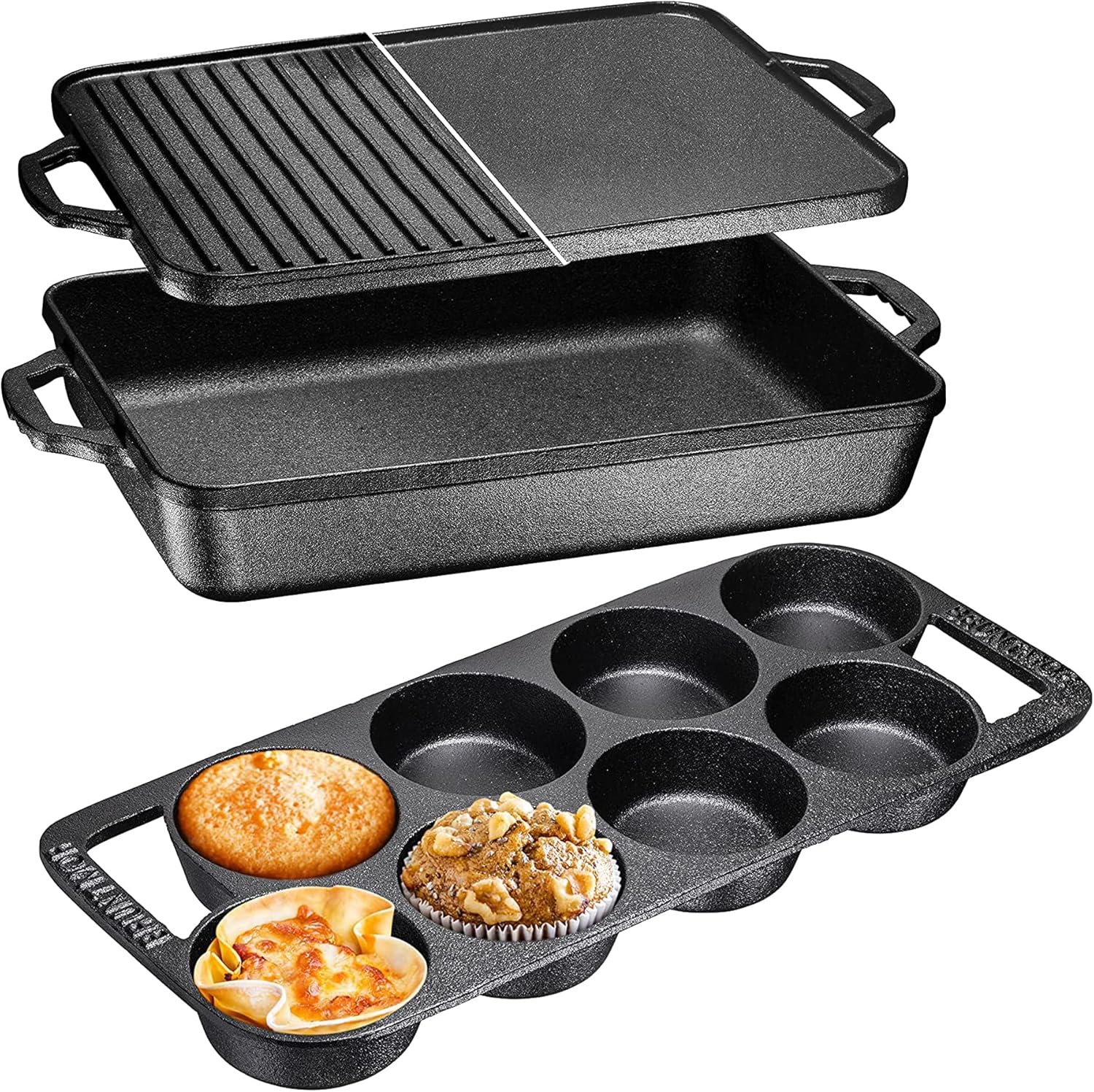 Bruntmor 3In1 PreSeasoned Cast Iron Rectangle Pan With