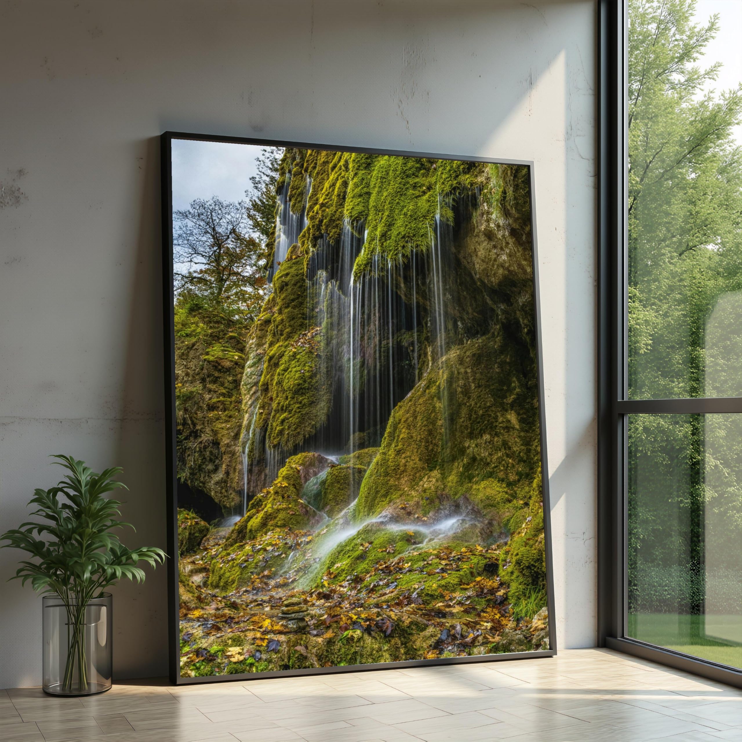 XINBAO Moss Covered Waterfall Canvas Art, Stream Wall Art, Forest Nature Landscape, Spring Scene, Greenery Home Decor, Posters(40x60cm/Frameless)