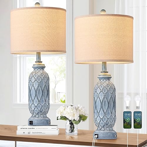 Farmhouse Lamps for Bedroom Set of 2, 28" Rustic Lamps for Living Room with USB Ports, 3-Way Dimmable Nightstand Table Lamp (Bulbs Included)