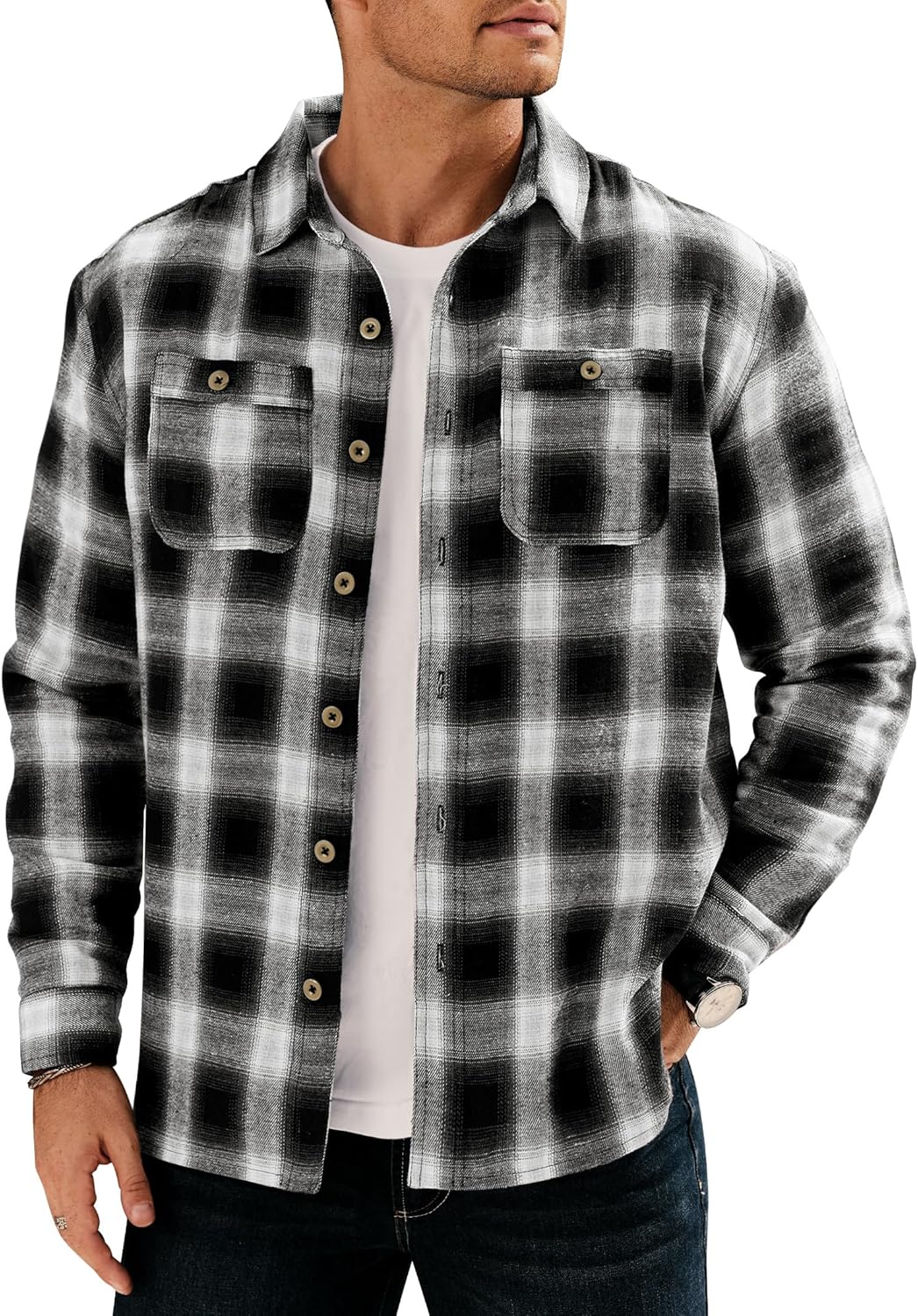 Men Fleece-Lined Button Shirt Flannel Plaid Warm Winter Casual Jacket with Flap Pockets (S-3XL)