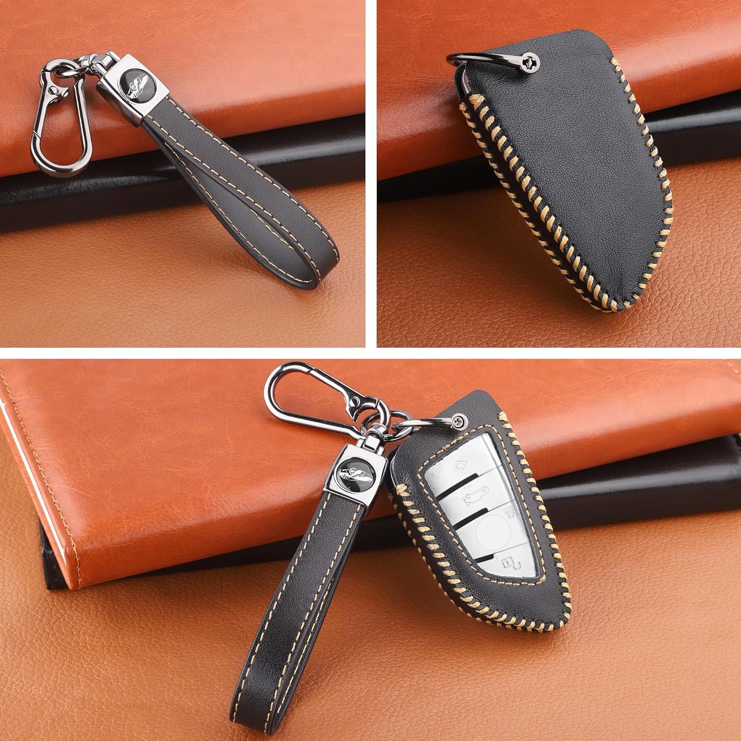 for BMW Key Fob Cover with Keychain, Leather Car Key Case Full Protector Fit for BMW X1 X2 X3 X5 X6 X7 GT and Series 2 3 4 5 6 7 8 Smart Key, Black
