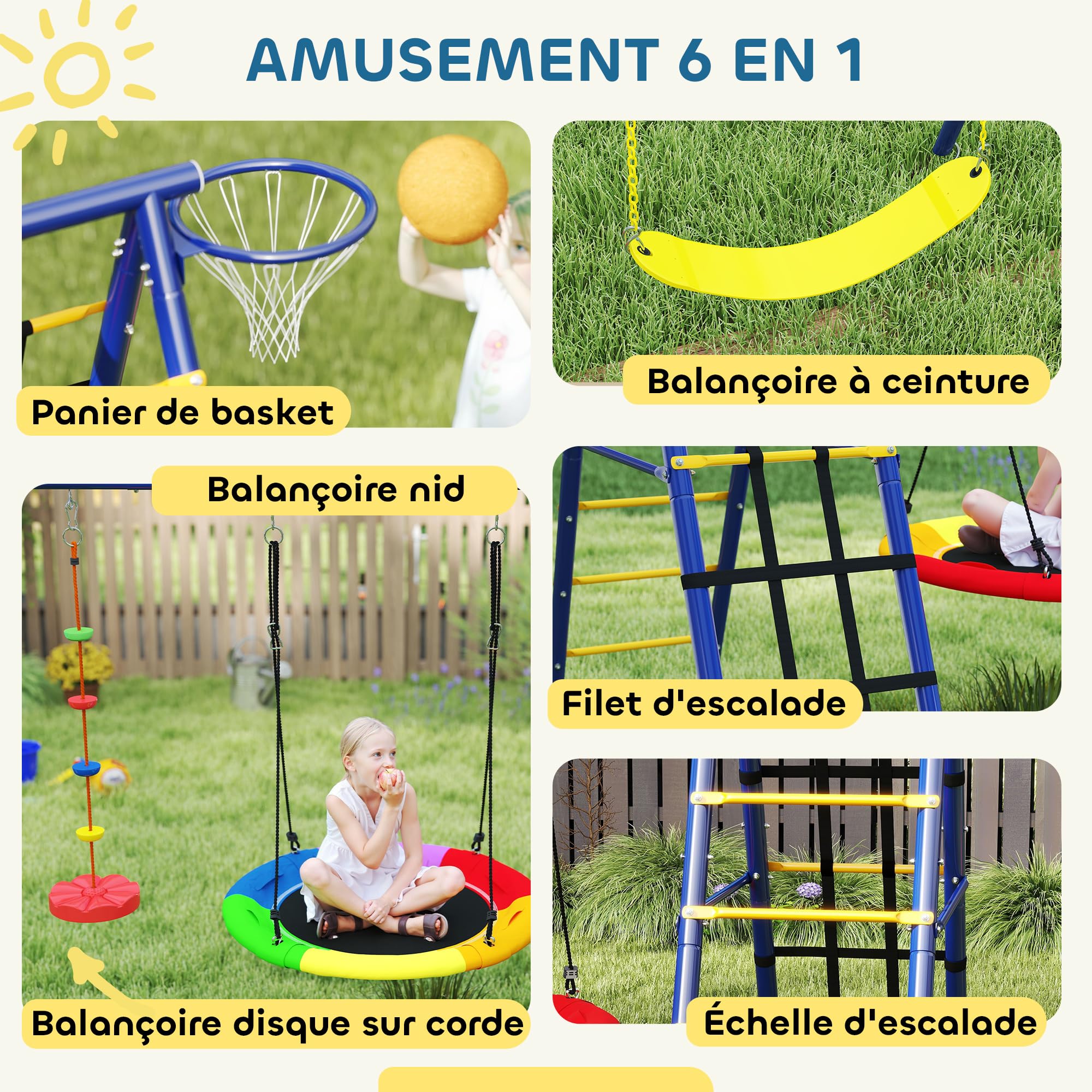 AIYAPLAY Portique Balancoire Exterieur 6 en 1 3 Balançoires Métal 160 kg | Balançoire Enfant Extérieur, Panier de Basket, Échelle d'Escalade et Filet, pour Enfants 3-8 Ans, Multicolore