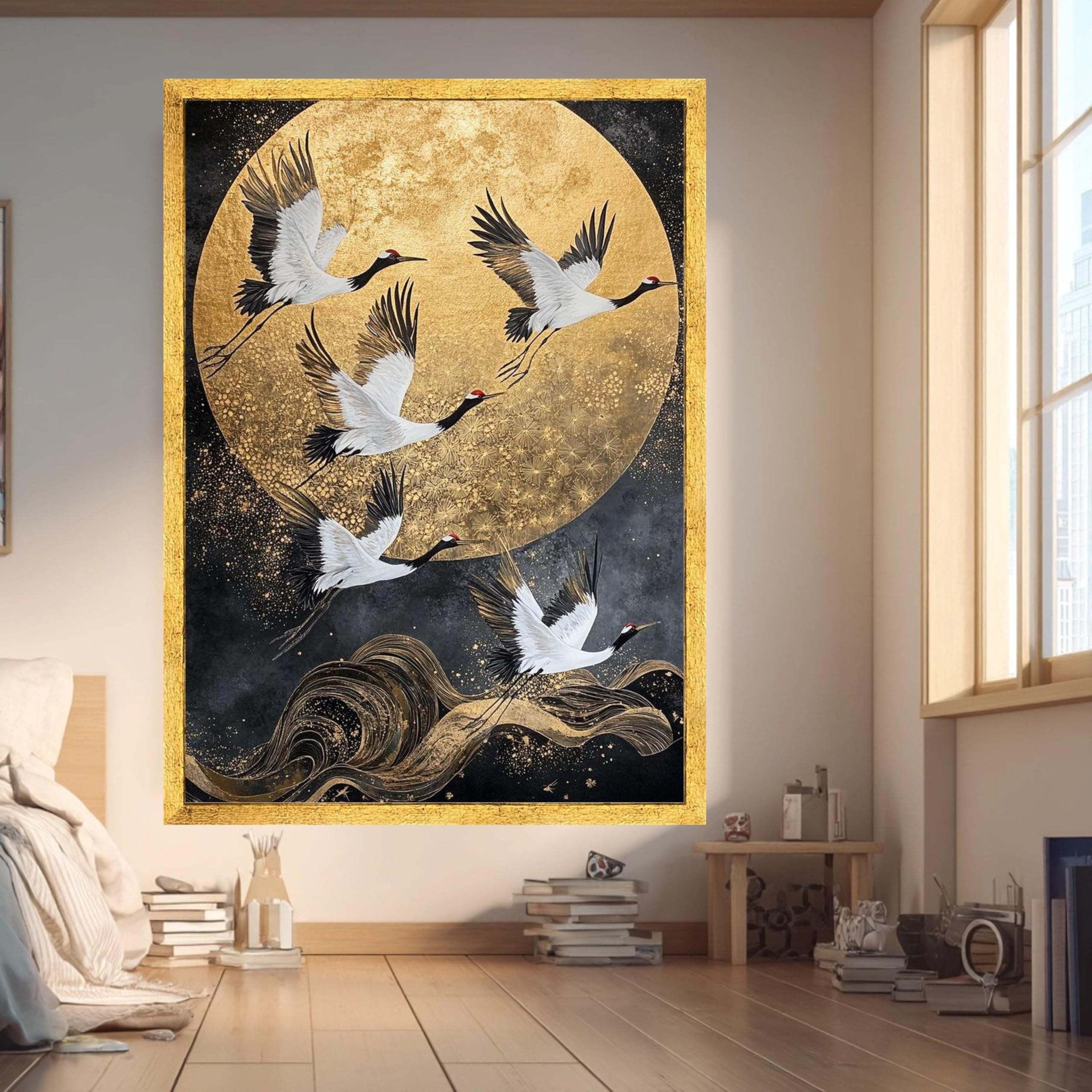 LMYCHENG Vintage Flying Bird Wall Painting, Gold Moon Flying Cranes Canvas Art, Oriental Asian Posters Print, for Room Home Decor(70x110cm/Frameless)