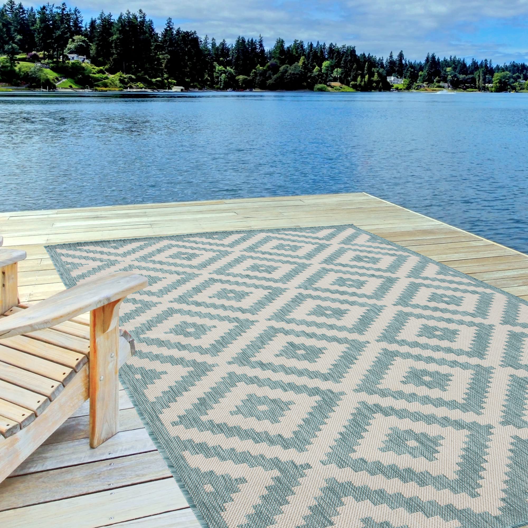 THE RUGS Outdoor Indoor Aqua Ivory Geometric Diamond Rug Weather Resistant | Size: 140cm x 200cm