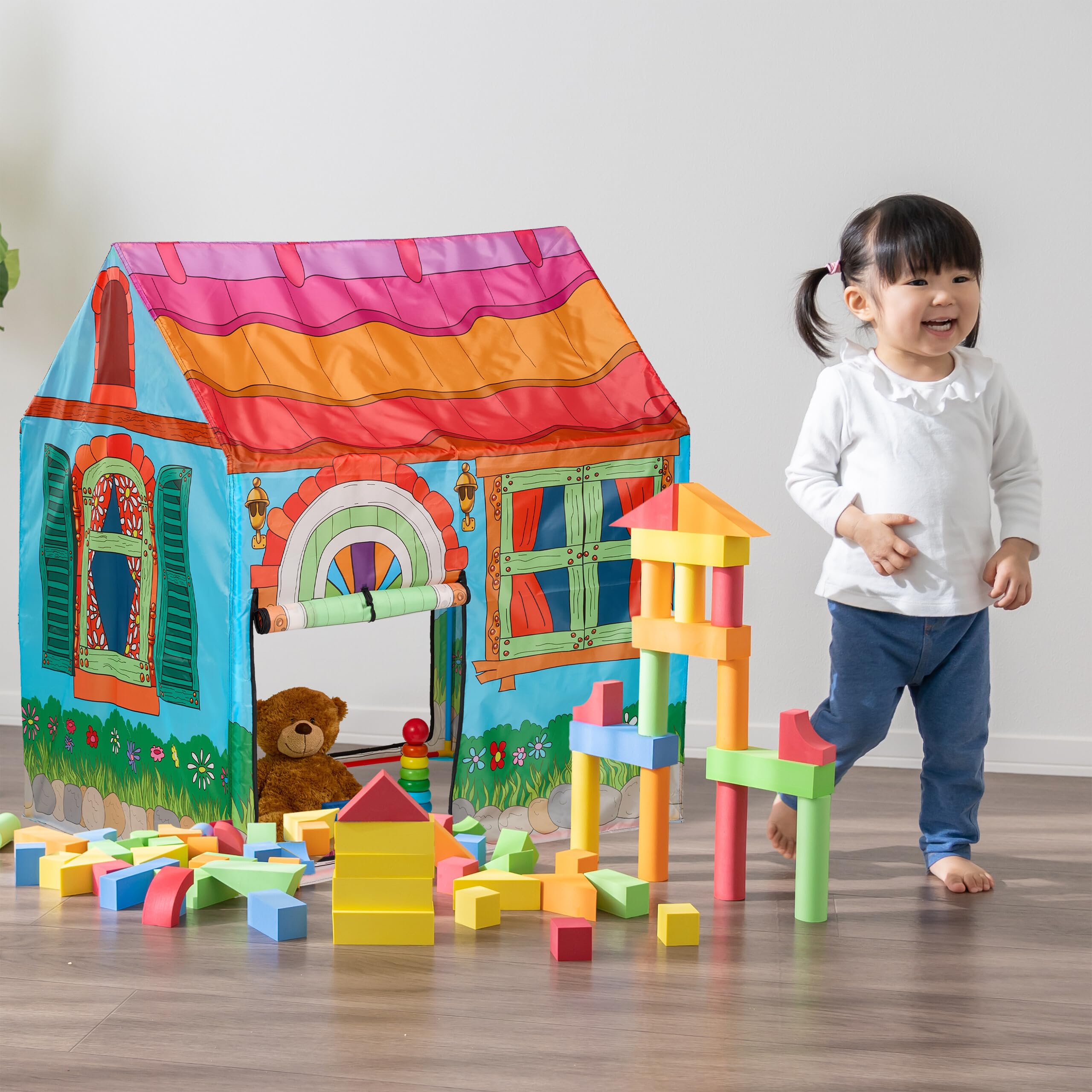 Relaxdays Play Tent for Children 2 Entrances, Indoor & Outdoor, Country House Design, HWD: 103 x 96 x 75 cm, Colourful, Polyester - Image 3