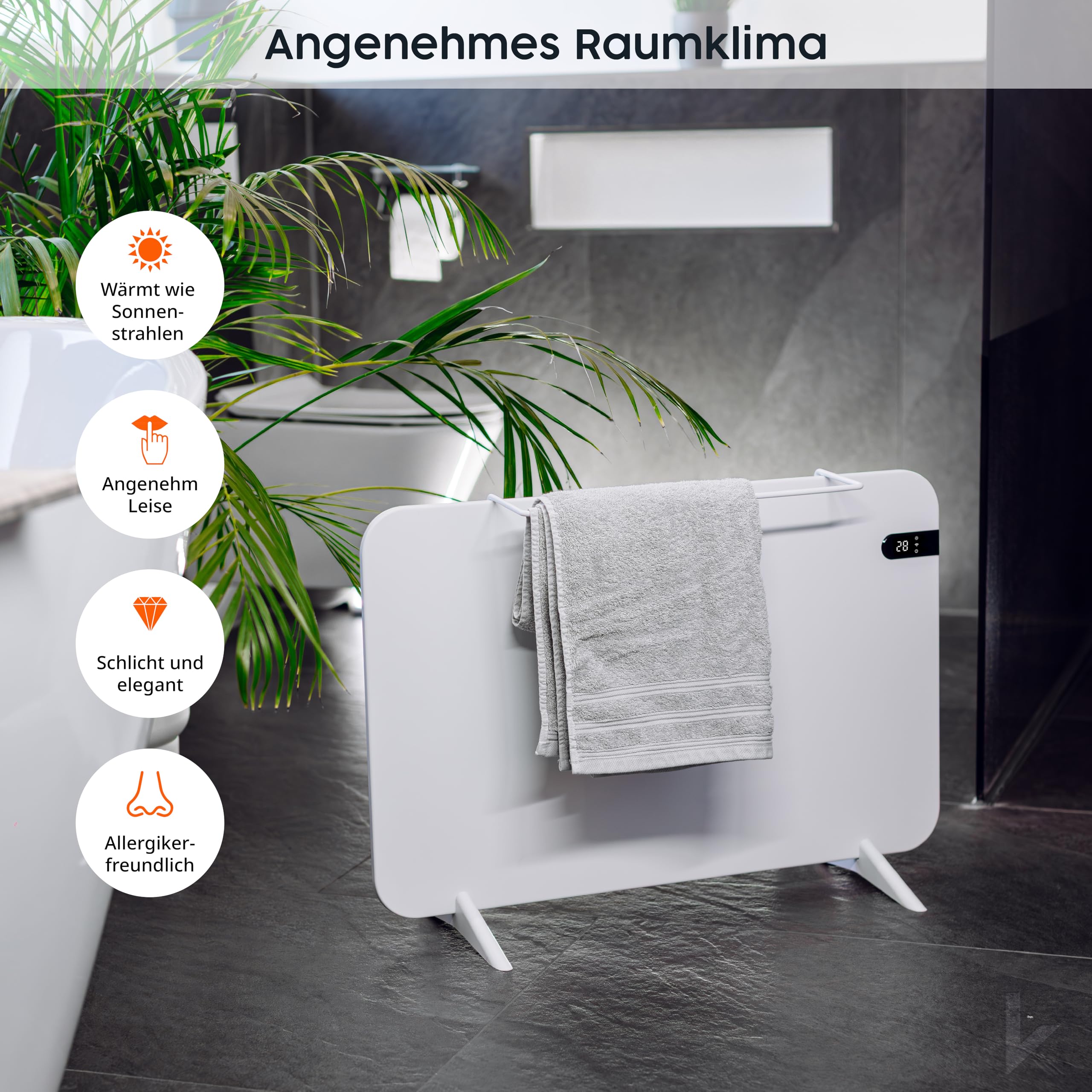 Könighaus Smart Dual-Infrarotheizung V2 600 W - Weiß | WLAN App, Fernbedienung, Standgerät & Wandmontage, Handtuchhalter, Standfüße, Befestigung