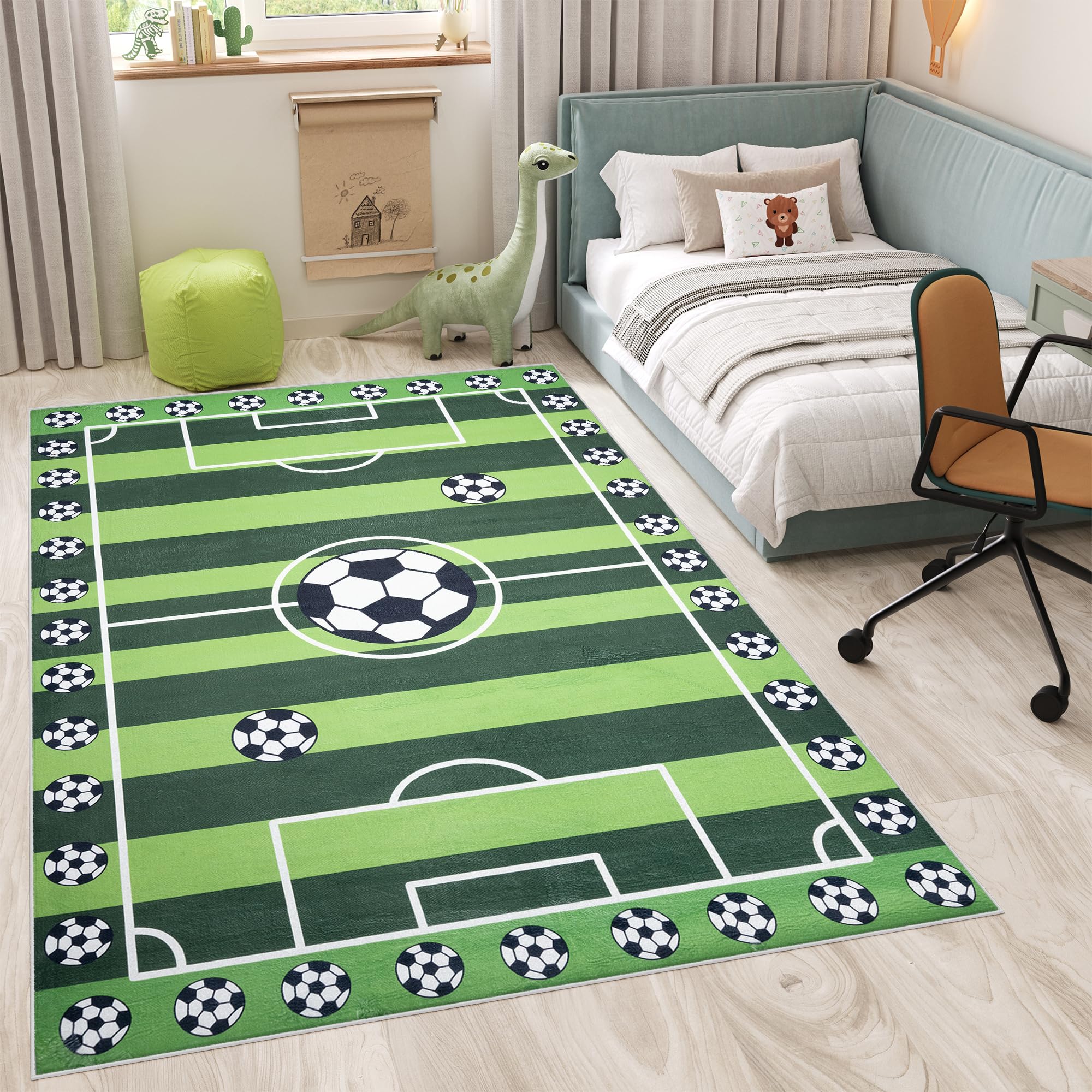 TAPISO Flannel Tapis Chambre Enfant Bébé Fille Garçon Antidérapant Lavable Vert Blanc Noir Tapis de Jeux Terrain de Football Poils Ras Oeko-TEX Résistant 200 x 300 cm