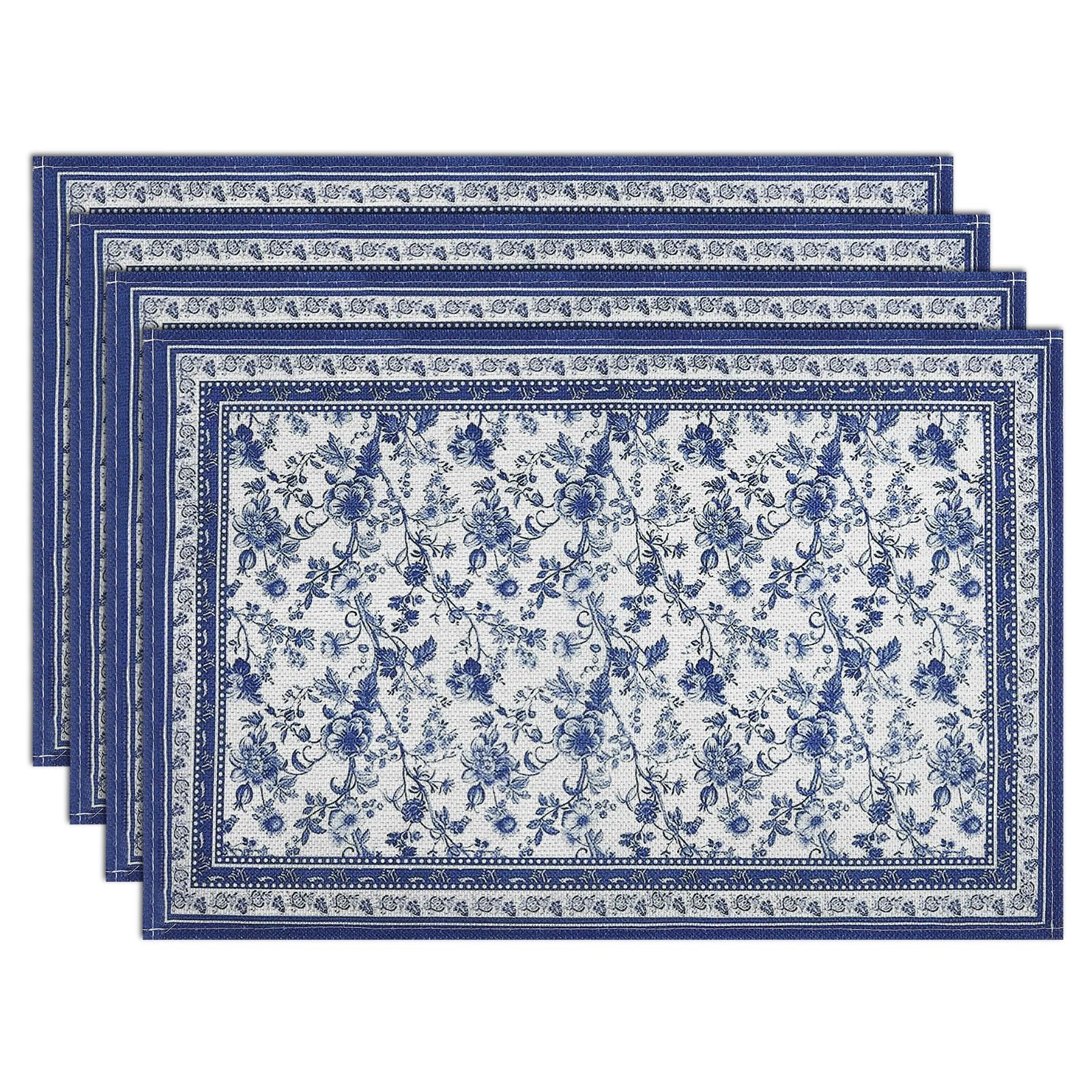 comfoyar Floral Branches Blue Placemats Set of 4, 30x45cm Non-Slip Vintage Flower Place Mats, Rustic Country Style, Washable Absorbent Table Mats for Framhouse Kitchen Dining Party Table Decoration