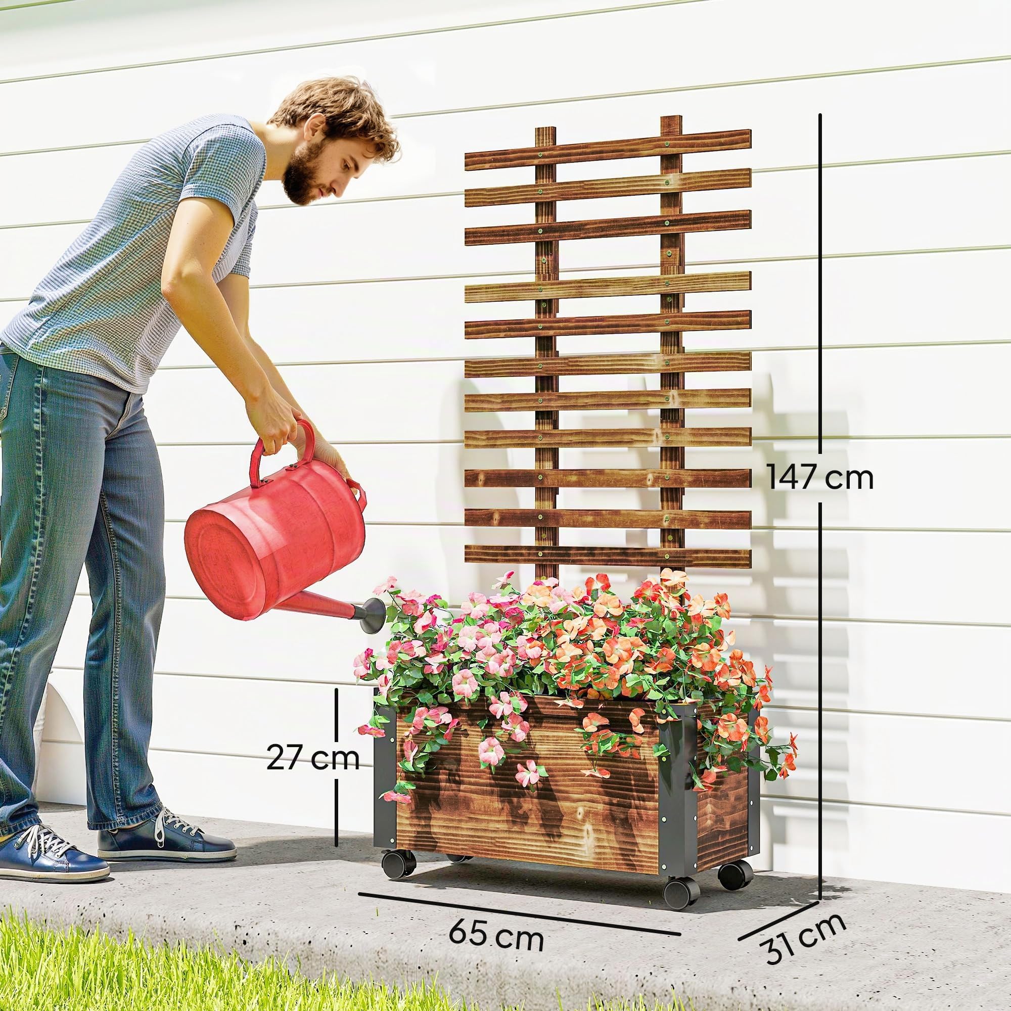 Outsunny Jardinera Exterior Grande de Madera Jardinera con Celosía para Plantas Trepadoras Tela no Tejida Ruedas y Esquinas Metálicas de Doble Capa para Patio Terraza 65x31x147 cm Carbonizado