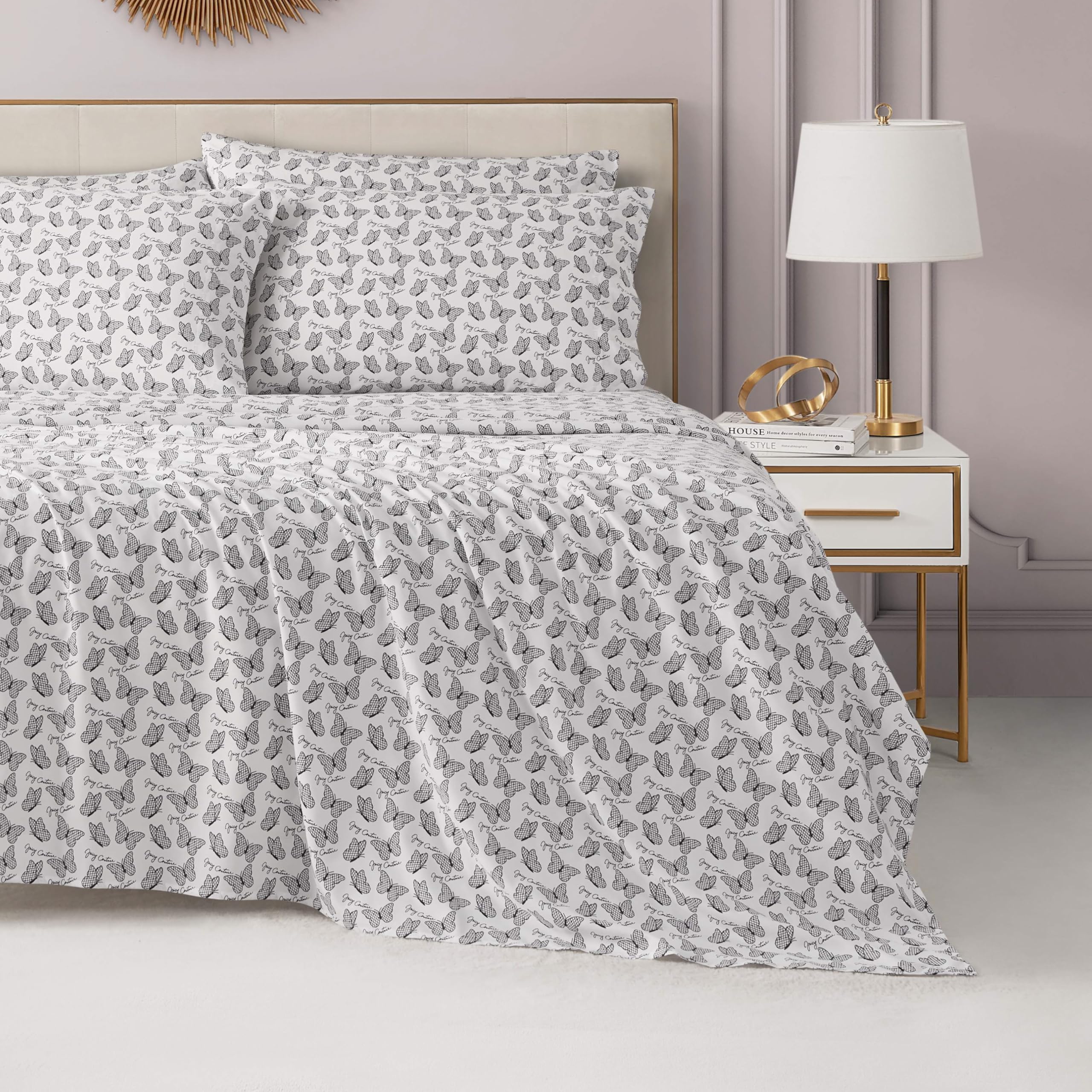 Juicy Couture Printed Microfiber 6-Piece King Sheet Set, Lacey Butterfly White