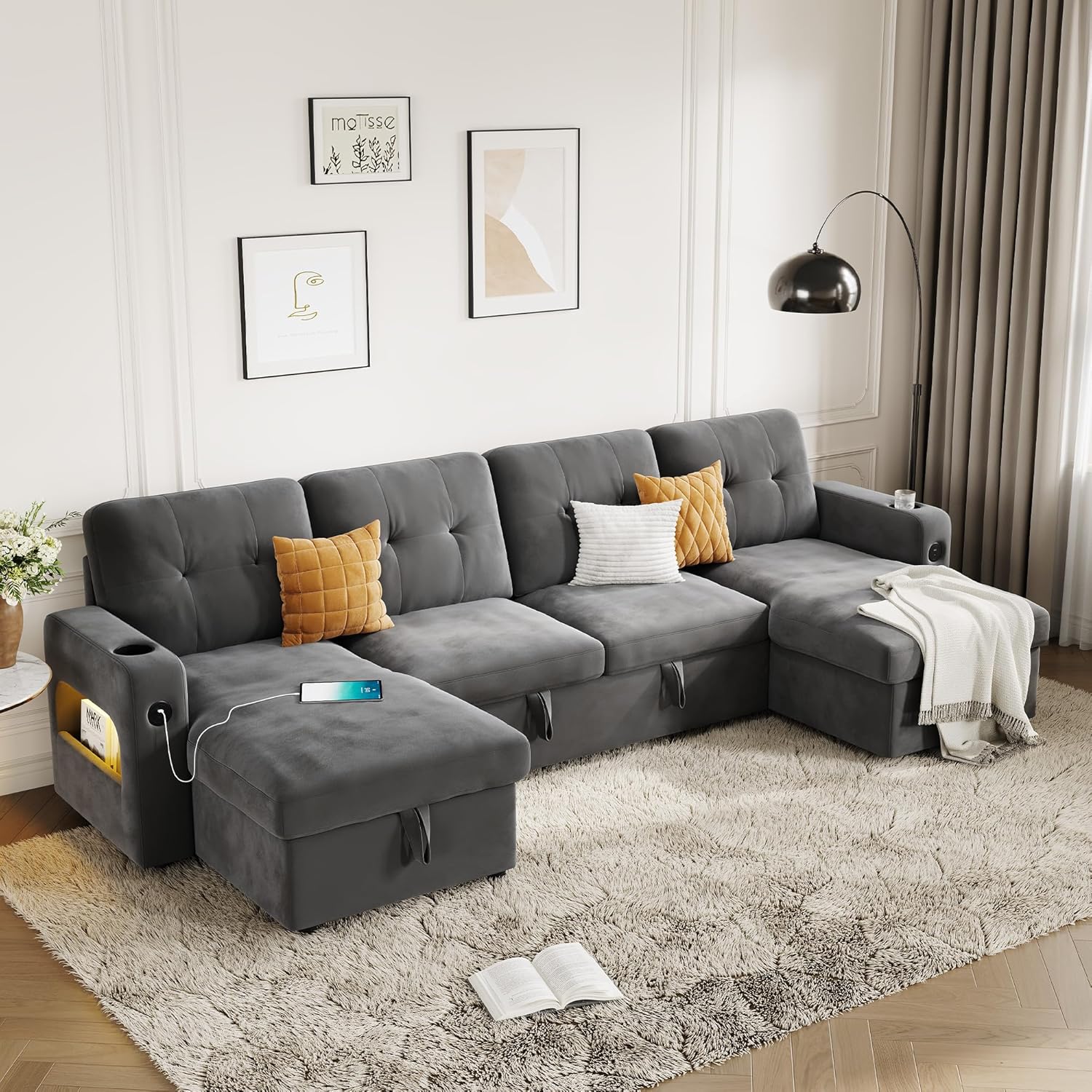 IDEALHOUSE 107" U Shaped Sleeper Sofa, Convertible Pull-Out Couch Bed with Storage & Charging Station, Sectional Sofa Bed with Cup Holder, Reversible Chaise for Living Room, Velvet, Dark Gray