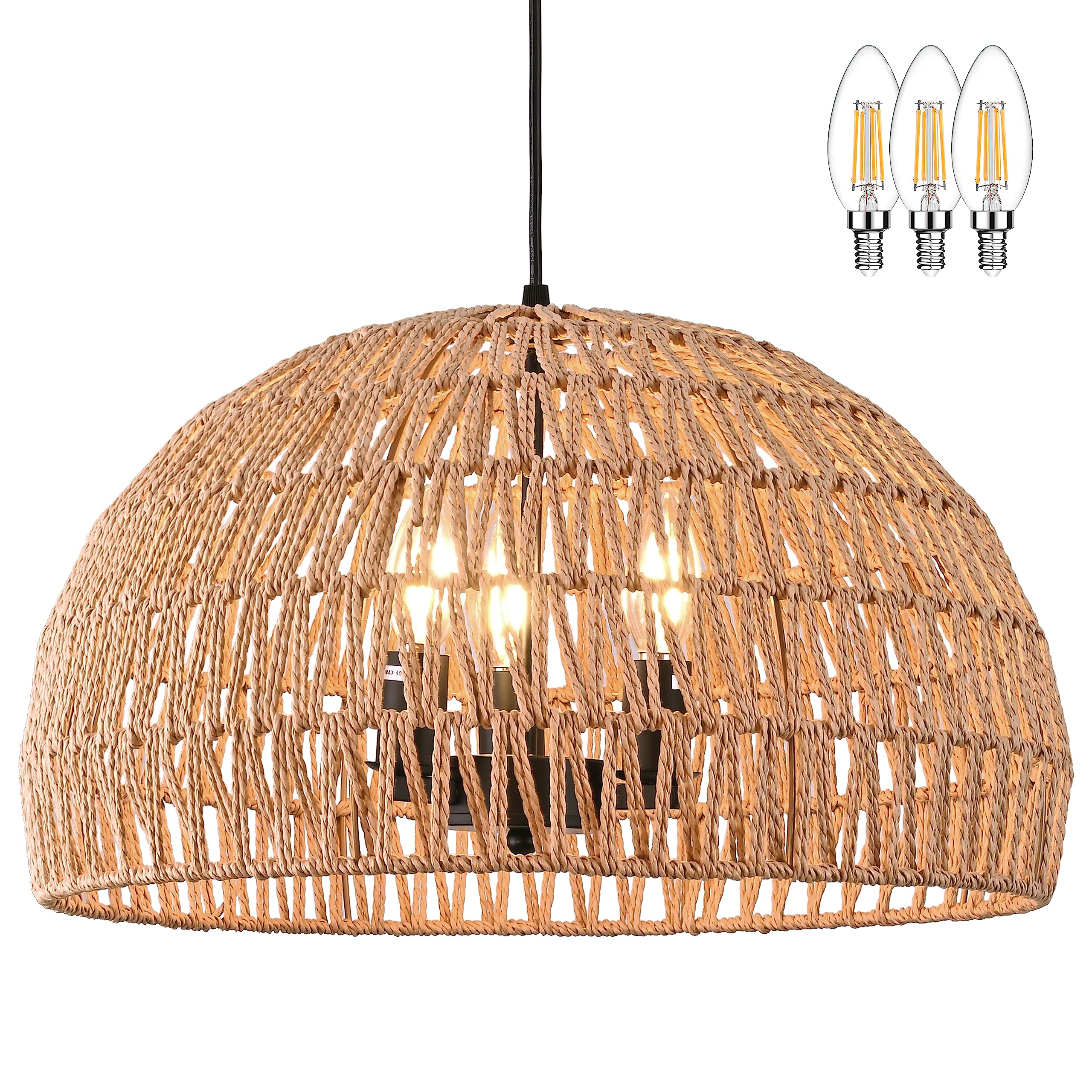 Ayshwilldec 17.7 inch Hemp Rope Woven Pendant Light Wicker Pendant Light 3-light Rattan Light Fixture Boho Chandelier Farmhouse Chandelier Dome Pendant Light for Dining Room Bedroom Kitchen(Bulb Incl)