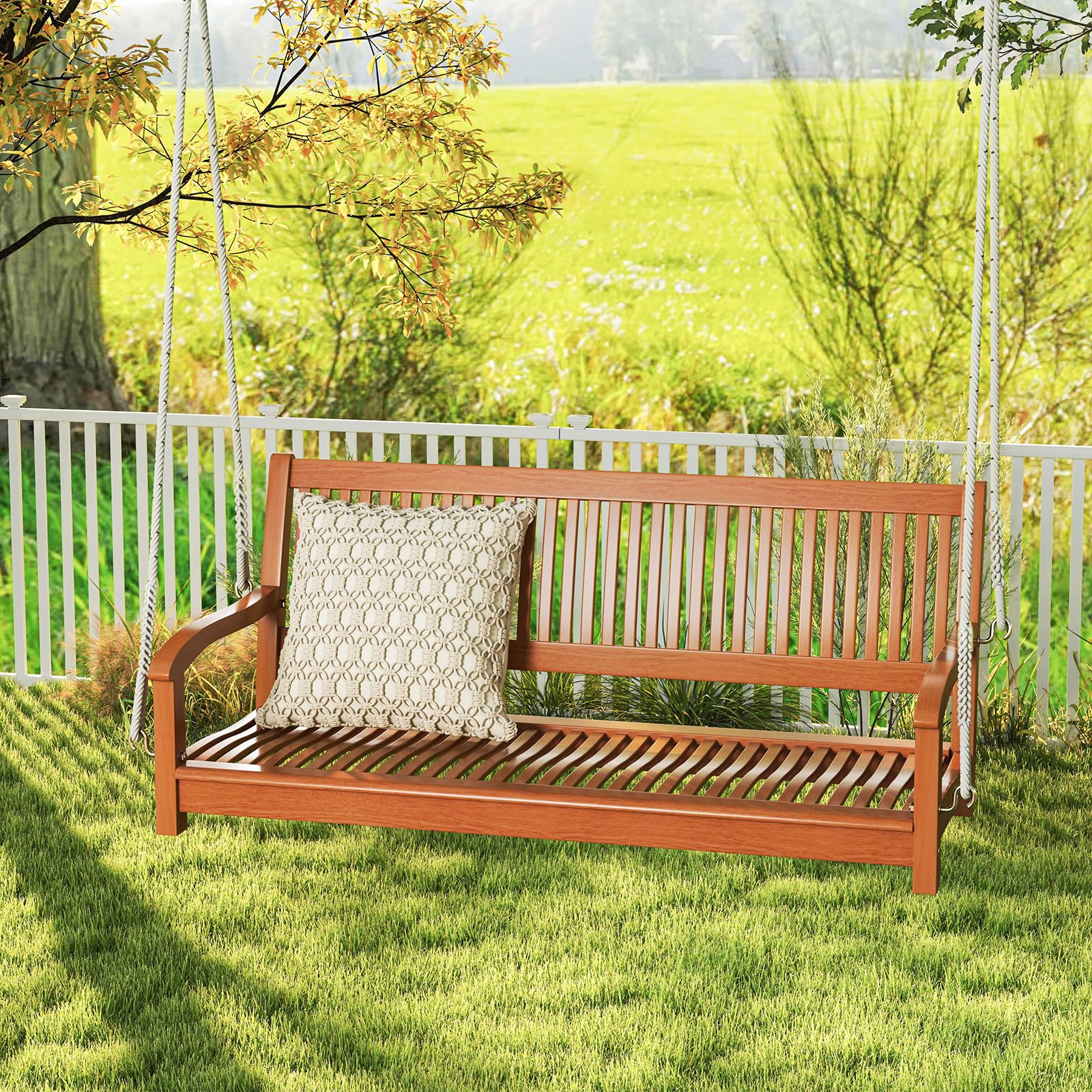 COSTWAY Schaukelbank 2-Sitzer, Veranda-Schaukel bis 360 kg belastbar, Hängebank Gartenschaukel zum Aufhängen, Hollywoodschaukel aus Akazienholz, Schaukel für Terrasse & Garten & Balkon