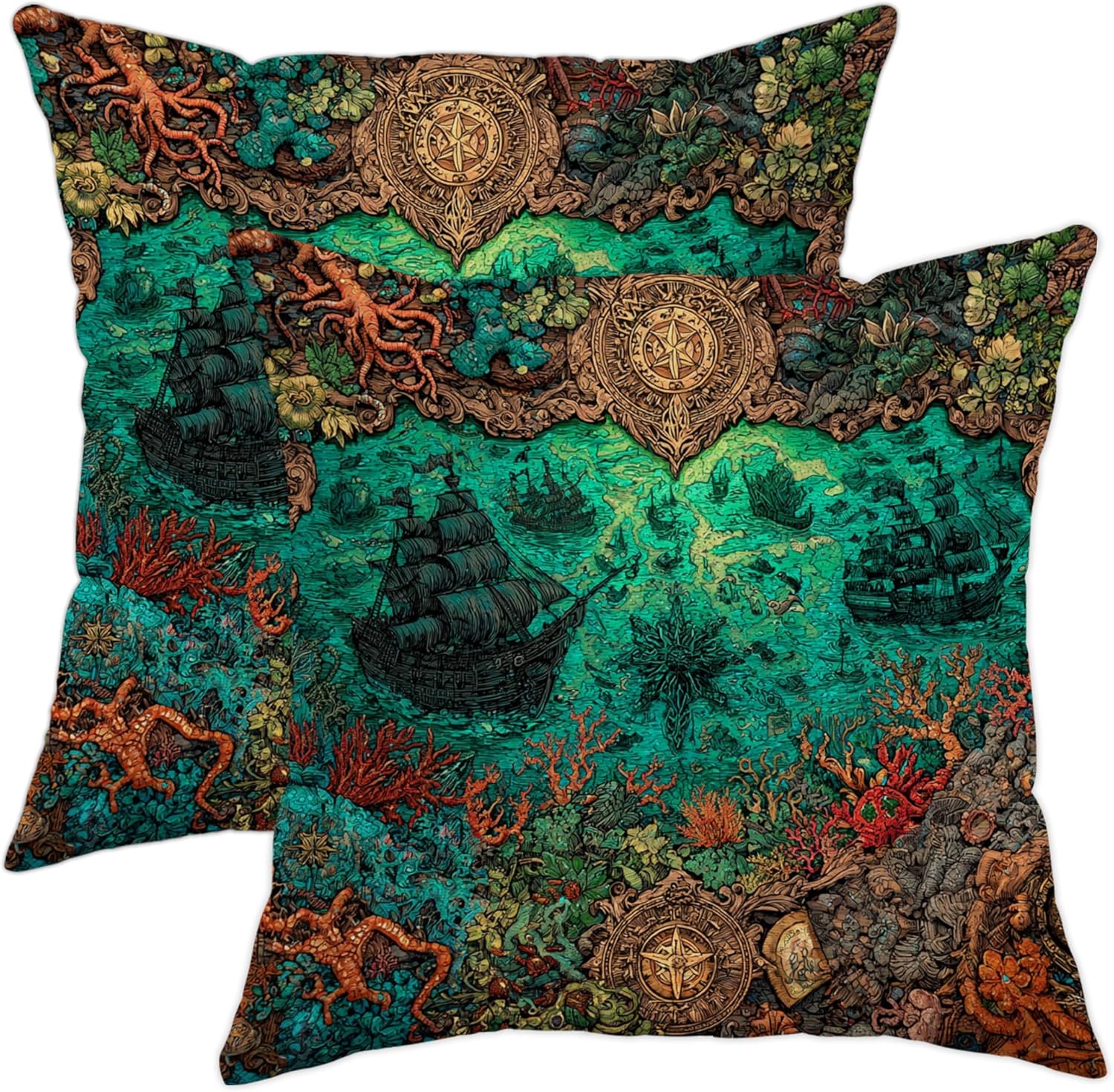 Red Coral Nautical Pillow Covers Set of 2, Ocean Map Decorative Throw Cushions, Vintage Sailboat Coastal Pillows for Bedroom Sofa Couch Décor 32x32 Inch