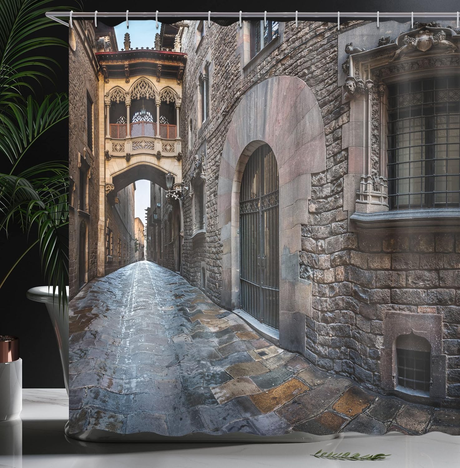 Ambesonne Medieval Shower Curtain, Gothic Quarter Bridge Spainish Old Medieval Streets Historical Heritage The Past Photo, Cloth Fabric Bathroom Decor Set with Hooks, 69" W x 70" L, Grey
