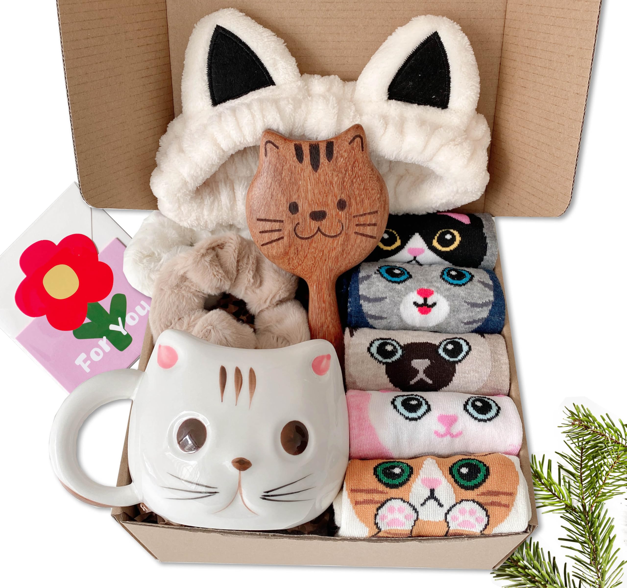 Cute Cat Lover Gift for Woman - Cat Themed Box Basket - Mug & Socks Gift Set, Unique Best CatMom Ever Box Set