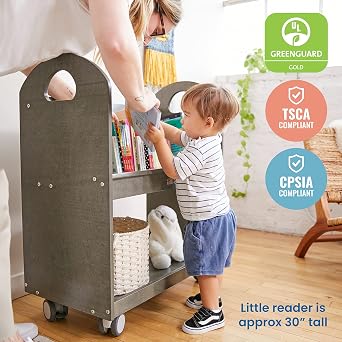 ECR4Kids Mobile Book Cart with Countdown Timer and Storage, Children's Furniture, Grey Wash