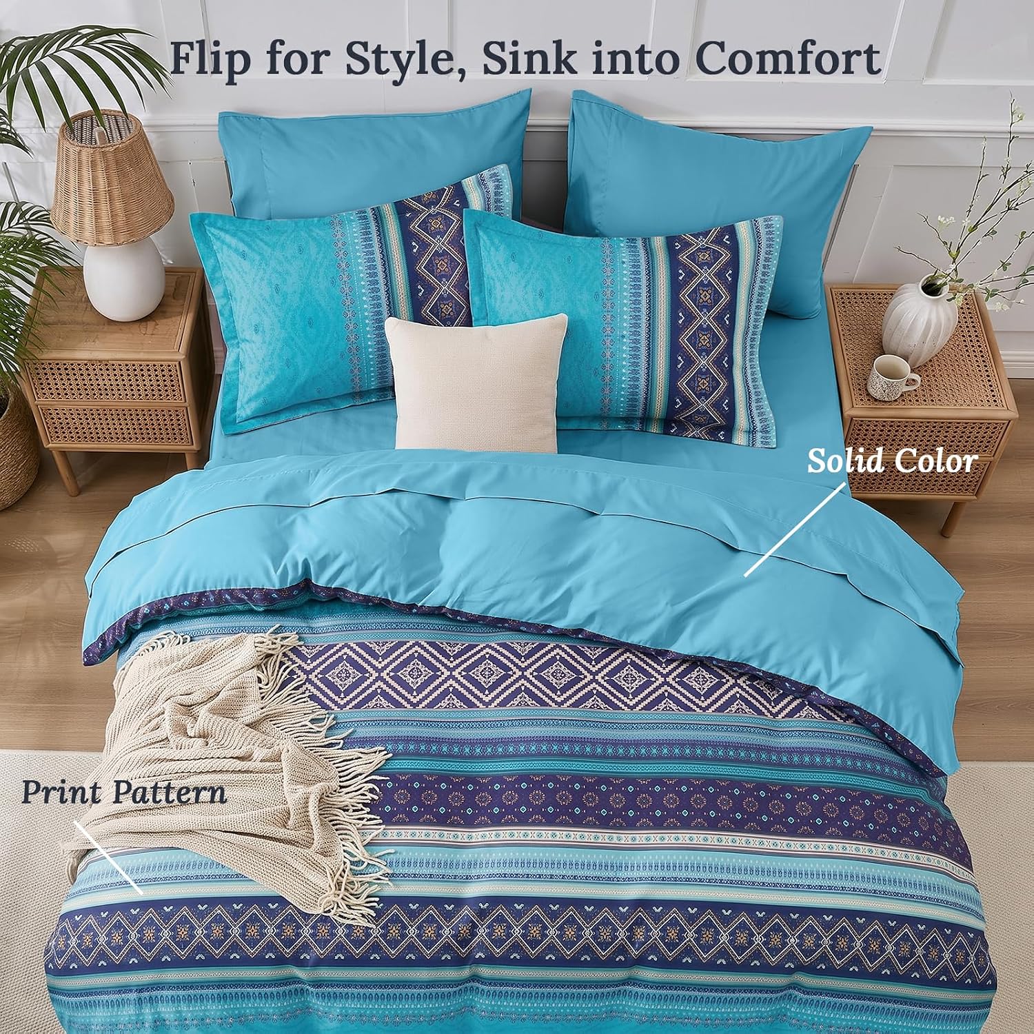 JOLLYVOGUE Boho Comforter Set King 7-Piece, Bed in a Bag Bohemian Striped Bedding Set, All Seasons Comforter Bed Set with Sheets, Pillowcases & Shams, Boho Blue