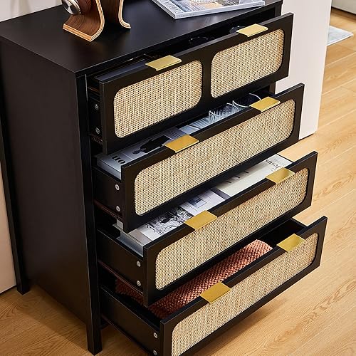 Miniatura 5 de Cómoda de 4 cajones, moderna cómoda de ratán con cajones anchos y asas de metal, cómoda de almacenamiento de madera de granja para dormitorio, sala