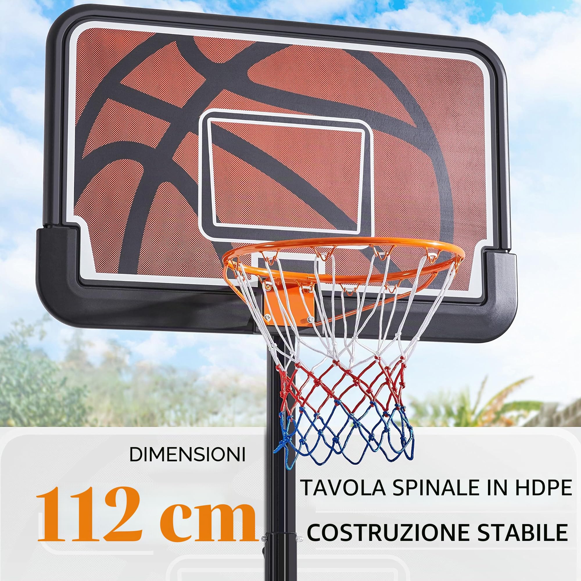 Yaheetech Canestro da Basket con Tabellone Cerchio Regolabile 233-308 cm da Interno/Esterno in HDPE e Metallo con Ruote Nero/Arancione