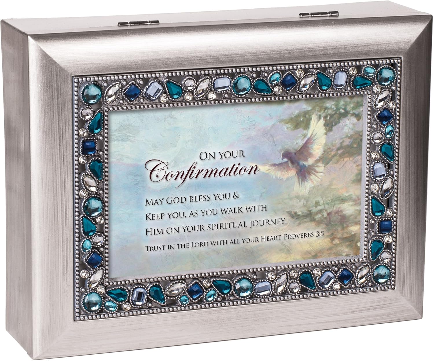 Cottage Garden On Your Confirmation May God Bless Brushed Silvertone Jeweled Music Box Plays On Eagle's Wings