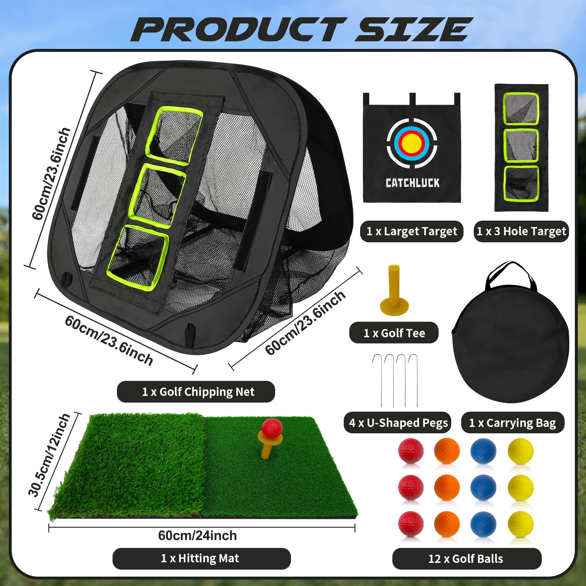 Red de práctica de astillado de golf, red emergente, equipo de entrenamiento para interiores y exteriores, con alfombrilla de golpeo y 12 pelotas de golf de espuma, color negro