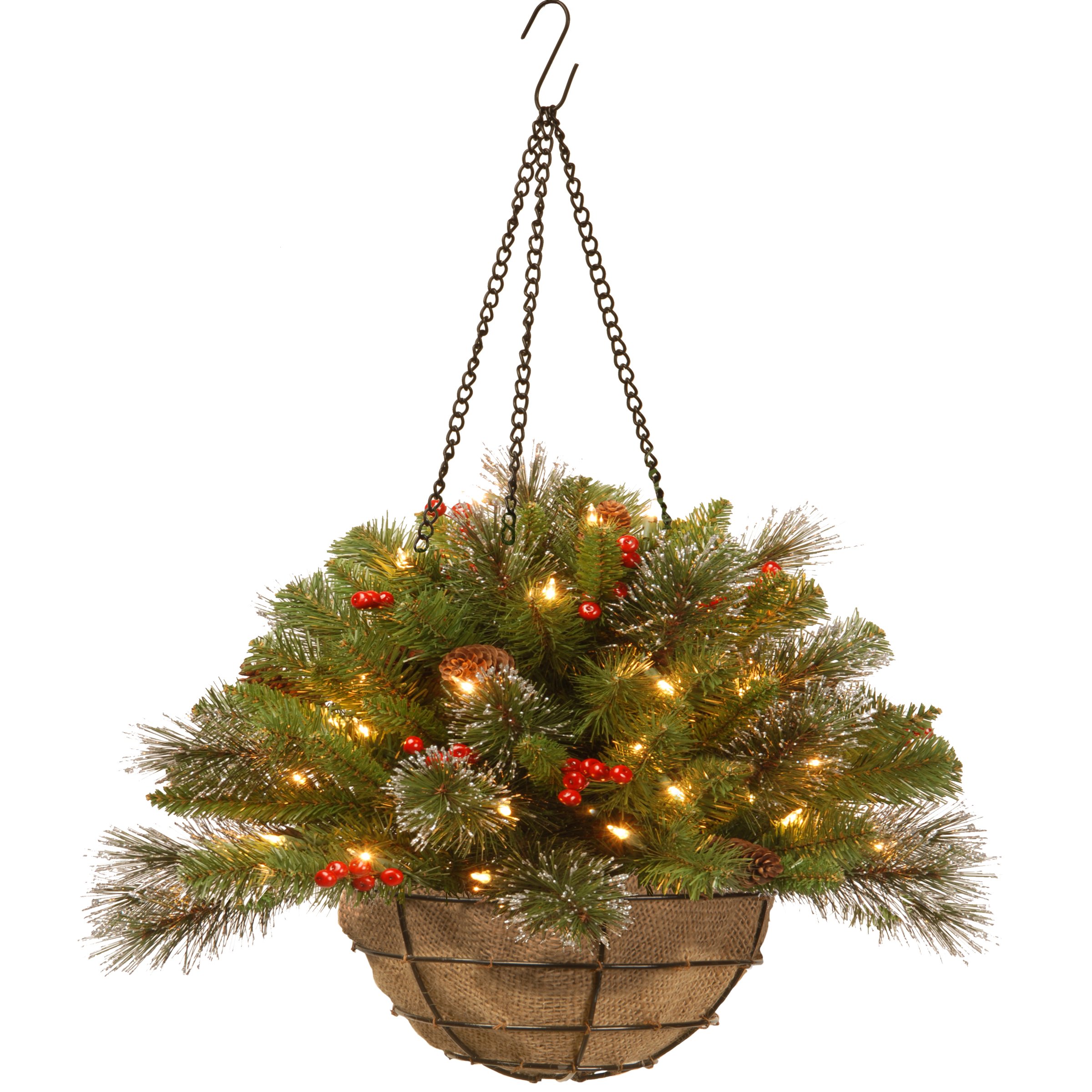 National Tree 20 Inch Crestwood Spruce Hanging Basket with Silver Bristle, Cones, Red Berries and 50 Battery Operated Warm White LED Lights (CW7-300-20H-B1)