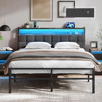 VASAGLE Double Bed Frame with LED Lights and Charging Station