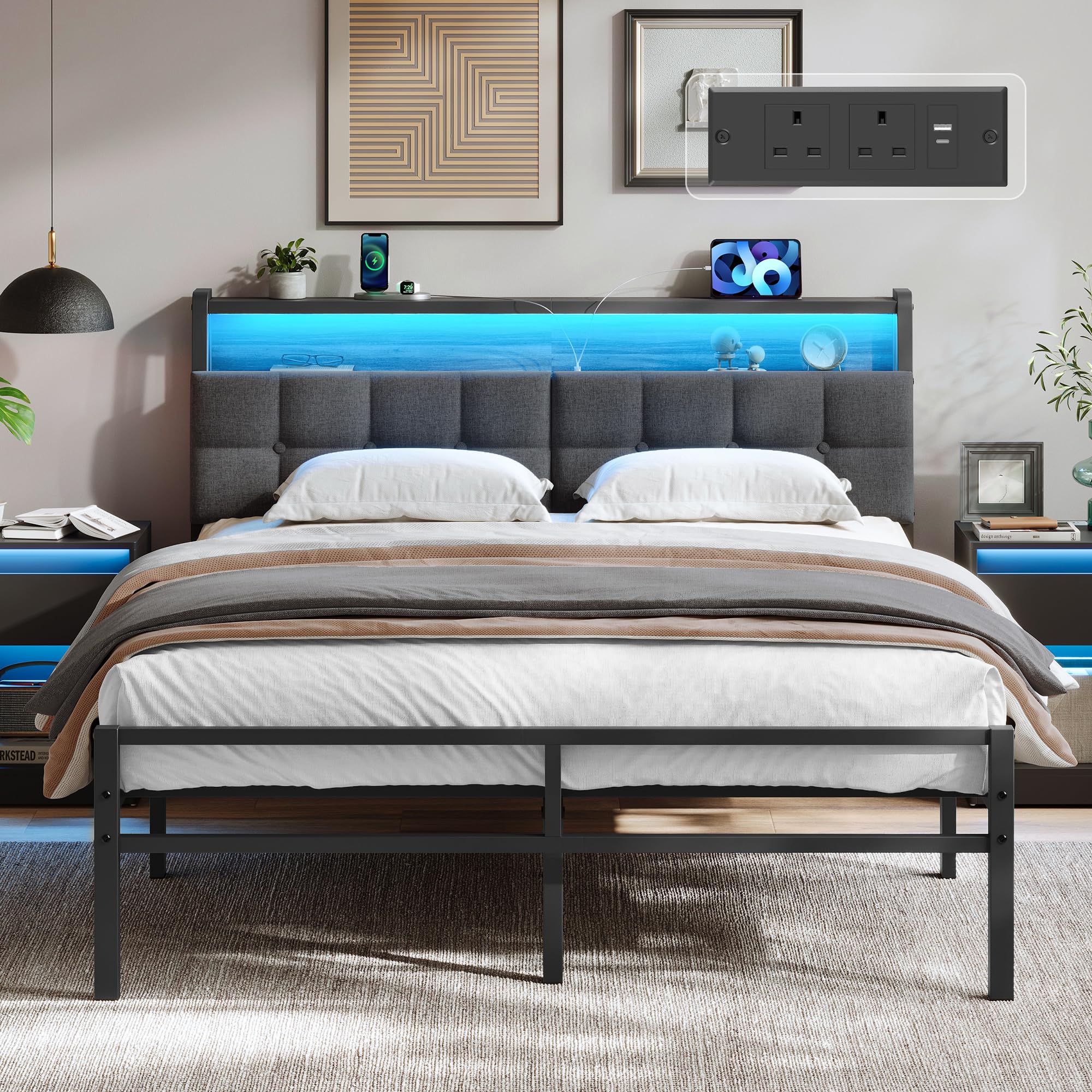VASAGLE Double Bed Frame 135.5 x 208.9 cm with LED Lights and Charging Station, Metal Platform Bed Frame with Storage Upholstered Headboard, Industrial, Ink Black RMB126G201 — image 1