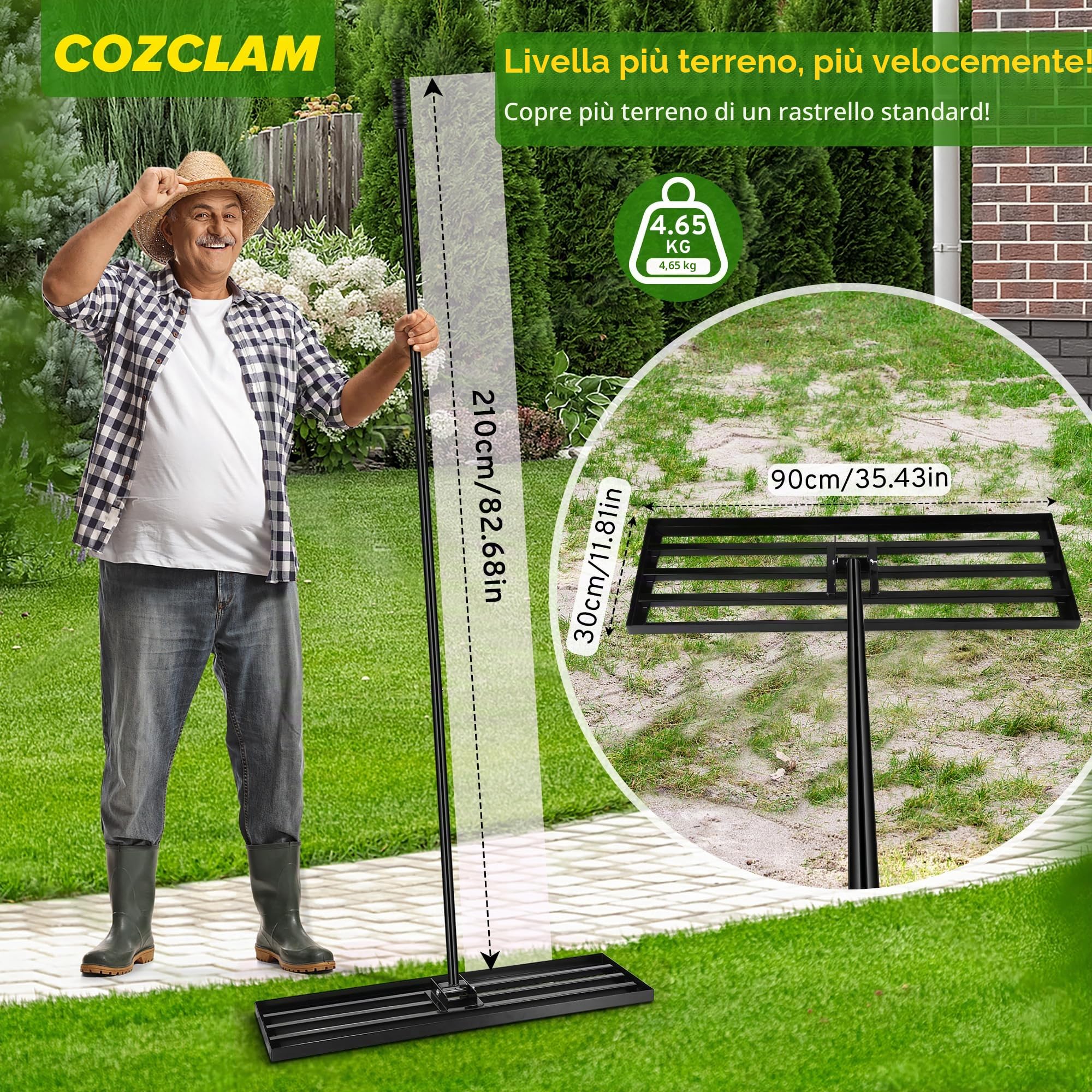 COZCLAM Rastrello livellatore per prato, strumento di tappeti erbosi pesanti, 90x30 cm, manico regolabile fino a 210 cm, spargitore terreno e sabbia