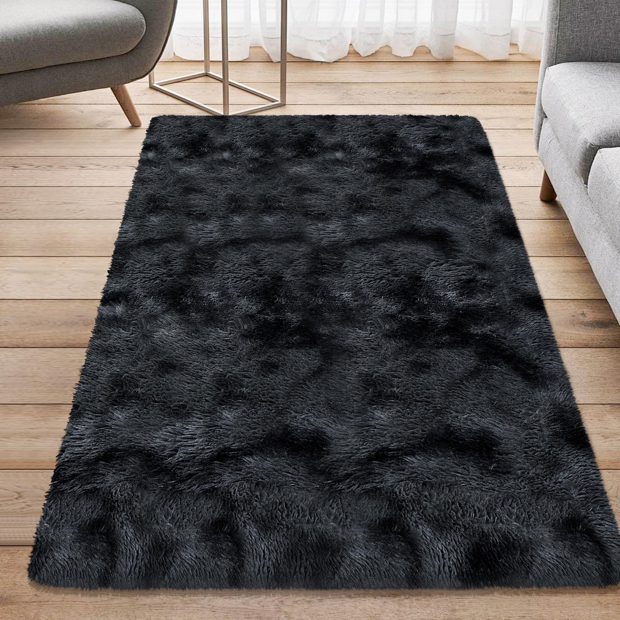 Fixseed Fluffy Rug for Bedroom 3x5 Black Floor Runner Rug Non-Slip Shag Rug, Tie Dyed Soft Plush Furry Bedside Carpet Throw Rug for Living Room Kids