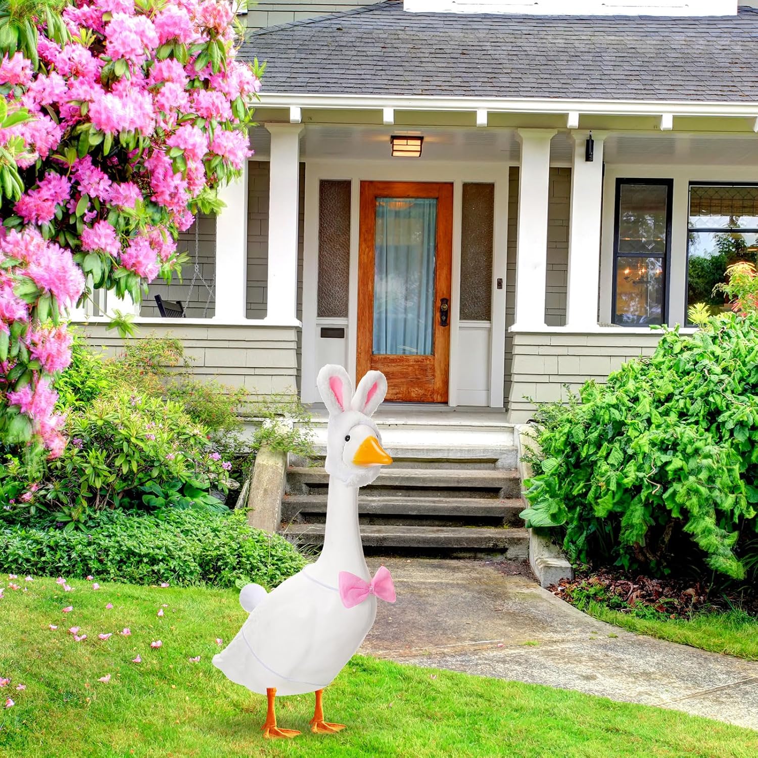 Easter Bunny Porch Goose Outfits for Cement Goose 23"/ 17'' Lawn Goose Statue Clothes Bunny Ear Hat and Bow Tie Tail Easter Plastic Goose Costume for Easter Party Yard Outdoor - Image 6