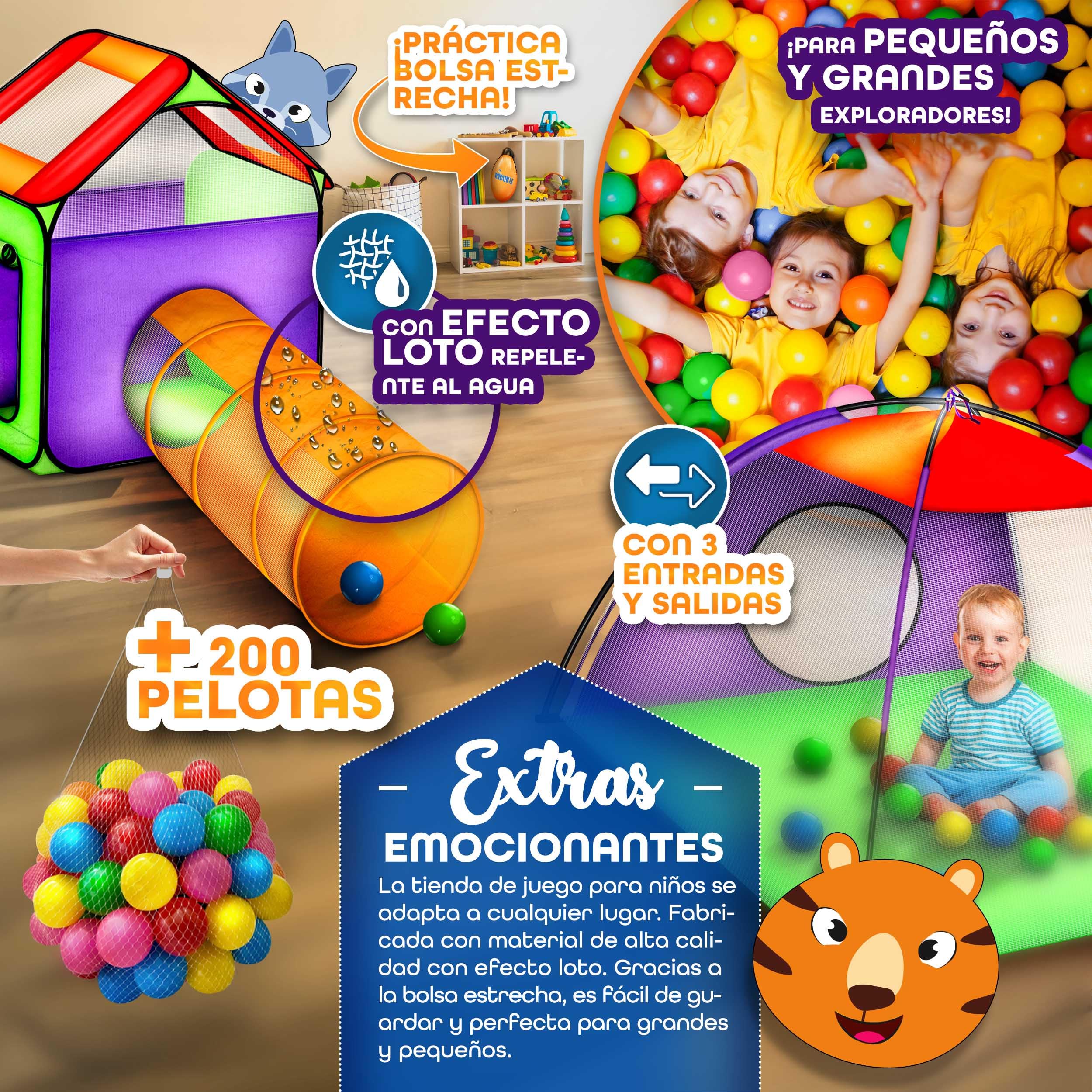KIDUKU® 3 en 1 Iglú Infantil para Juegos/Tienda de campaña para niños + Túnel de Tela + 200 Bolas + Bolsa para Transportar – Uso Interior y Exterior