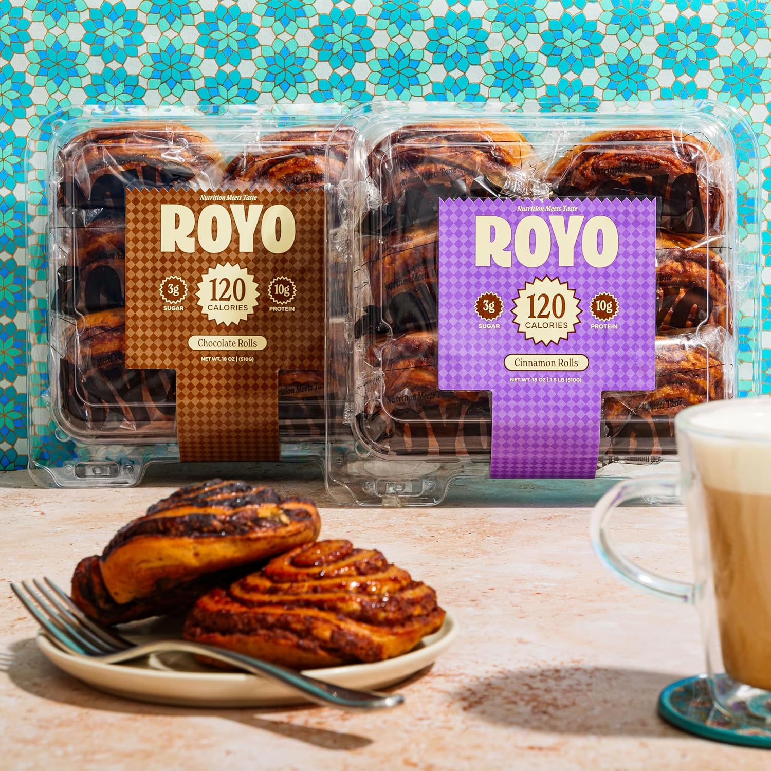 ROYO Low Carb Chocolate & Cinnamon Rolls (12 Rolls, 2-Pack) - 8g Net Carbs, 10g Protein, Keto High Fiber Snacks
