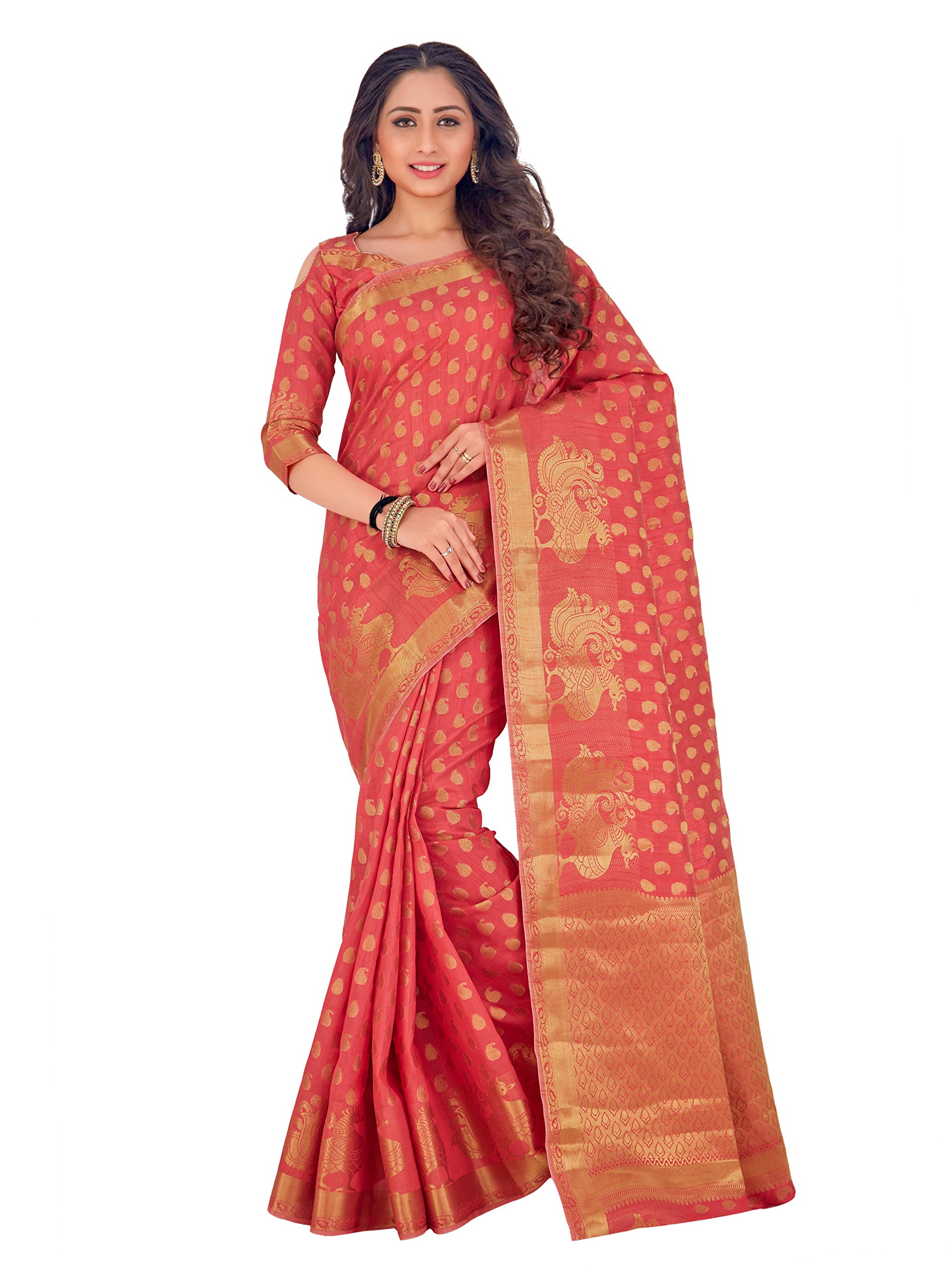 MIMOSA Women's Art Silk saree Kanjivaram Style Color : Strawberry (4171 ...