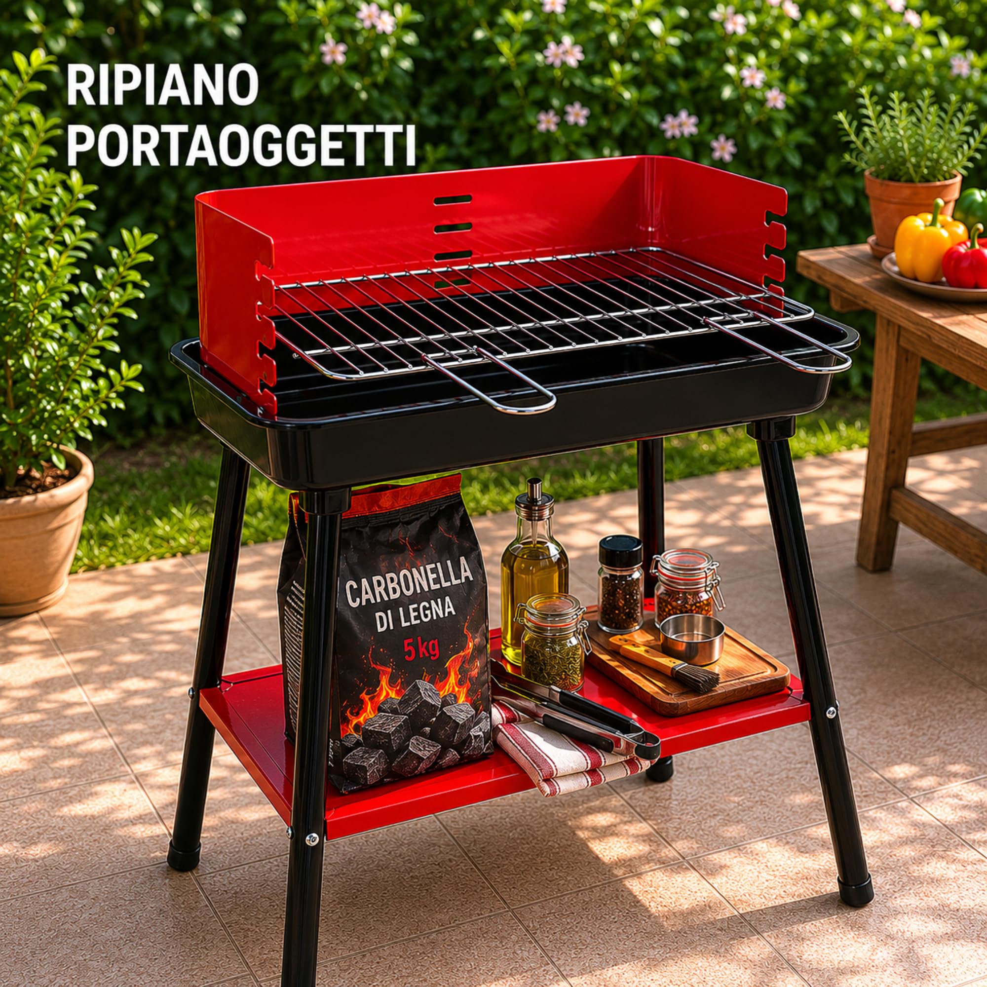Barbecue Carbonella Rettangolare Stabile 4 Posizioni Cottura Griglia Cromata Rimovibile 53x34,5 cm Acciaio Carbonio